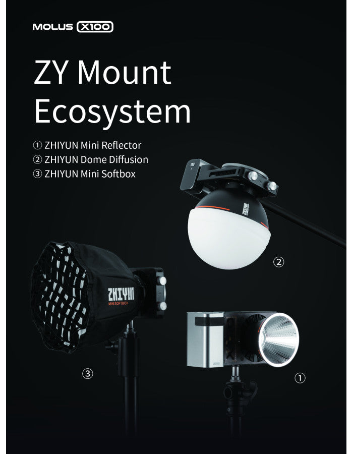 ZHIYUN MOLUS X100 COMBO Bi-Color 100W COB Video Light, 385g LED Pocket Light 17317Lux 2700K-6500K CRI 95+/TLCI 97+ with Bluetooth App Control AC/DC Power Supply