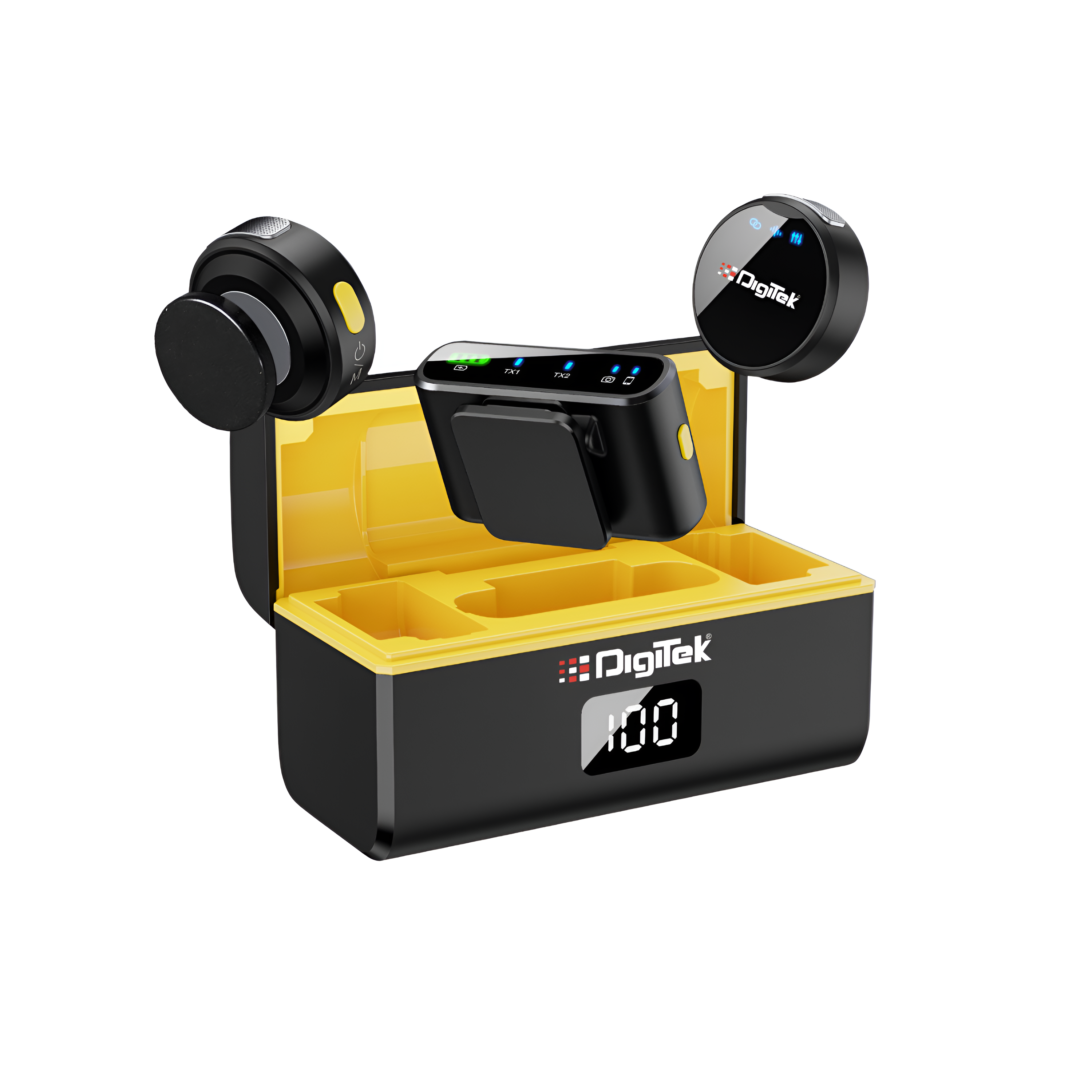 DIGITEKยฎ (DWM-116) 2-in-1 Wireless Microphone, 2.4GHz, Magnetic Collar Clip, 360ยฐ Sound Capture, 40m Range, 6Hr Battery, Type C-to-C & C to LTC, DSLR, iOS & Android Compatible, for Interviews & Vlogging