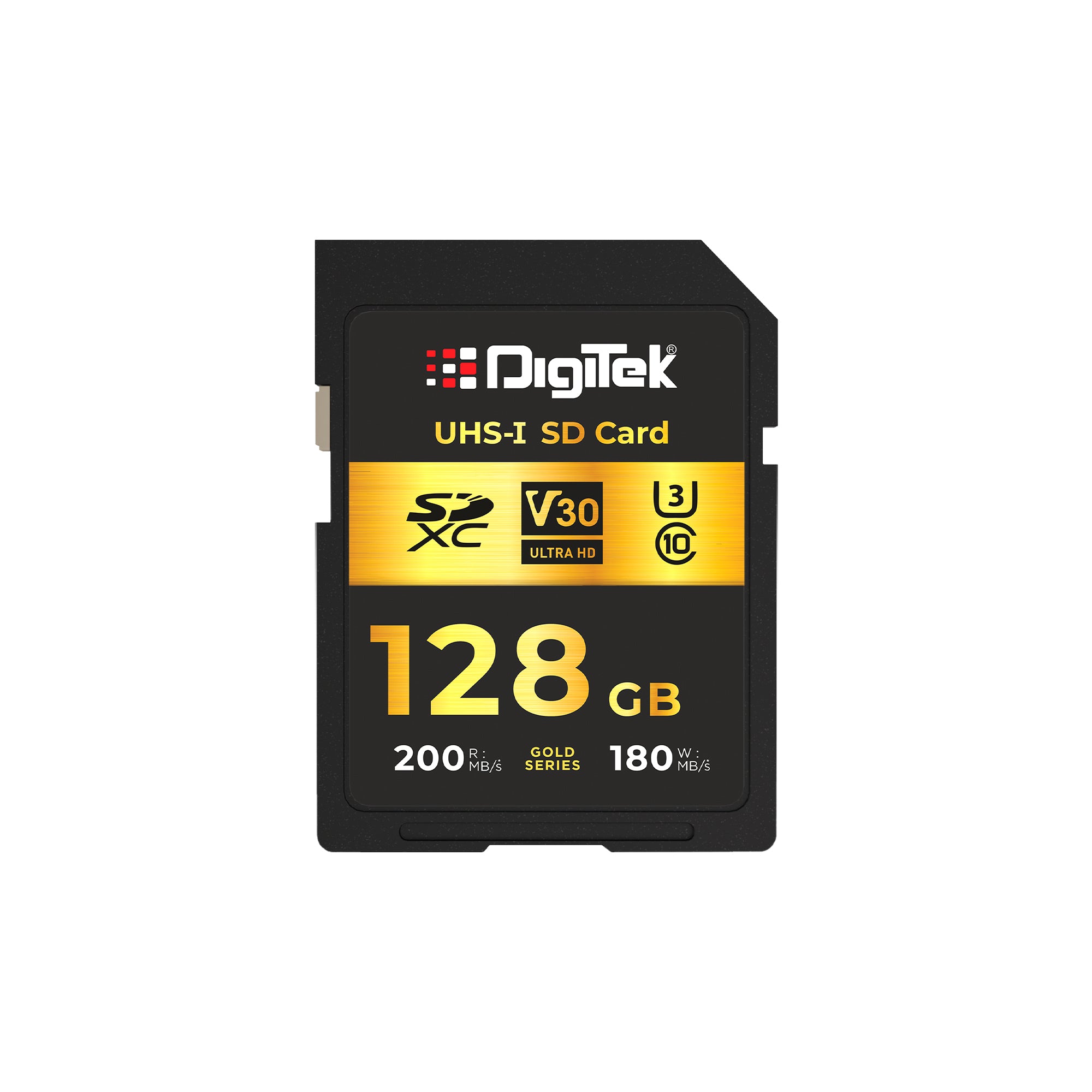 Digitek V30 Ultra HD 128GB UHS-I SD Card – 200MB/s Read, 180MB/s Write, Gold Series, 4K Ready