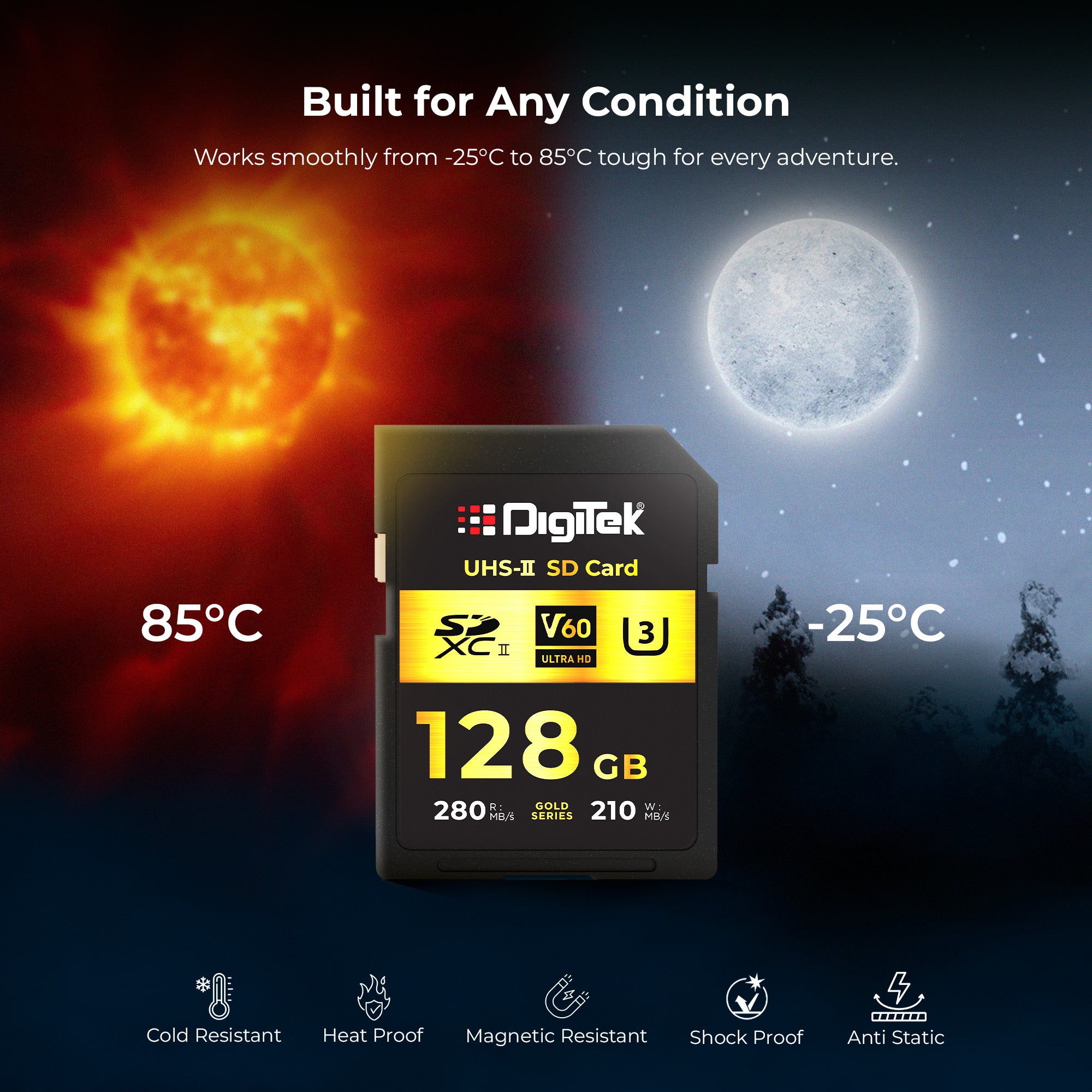 Digitek V60 Ultra HD 128GB UHS-II SD Card – 280MB/s Read, 210MB/s Write, Gold Series, 4K RAW Ready