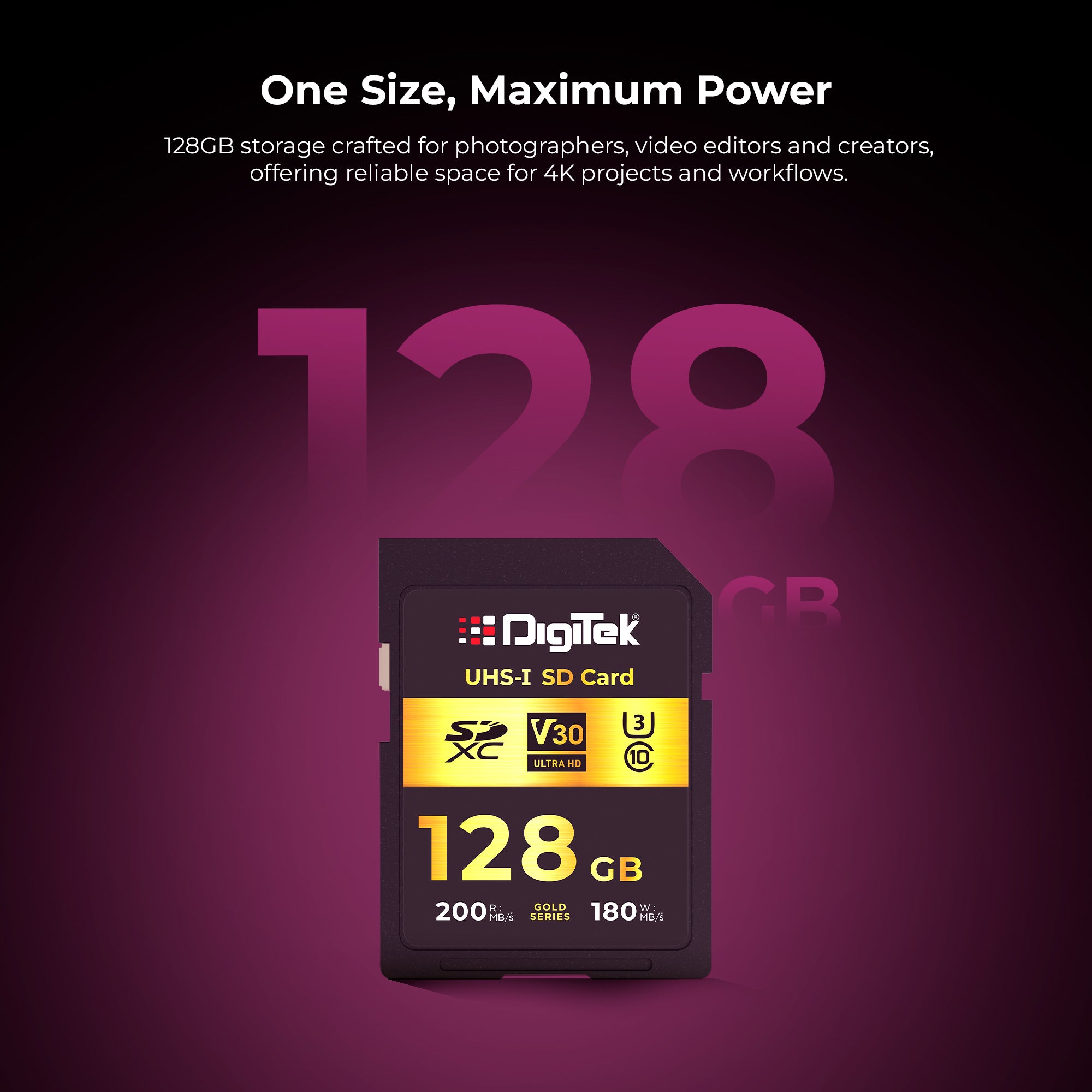 Digitek V30 Ultra HD 128GB UHS-I SD Card – 200MB/s Read, 180MB/s Write, Gold Series, 4K Ready