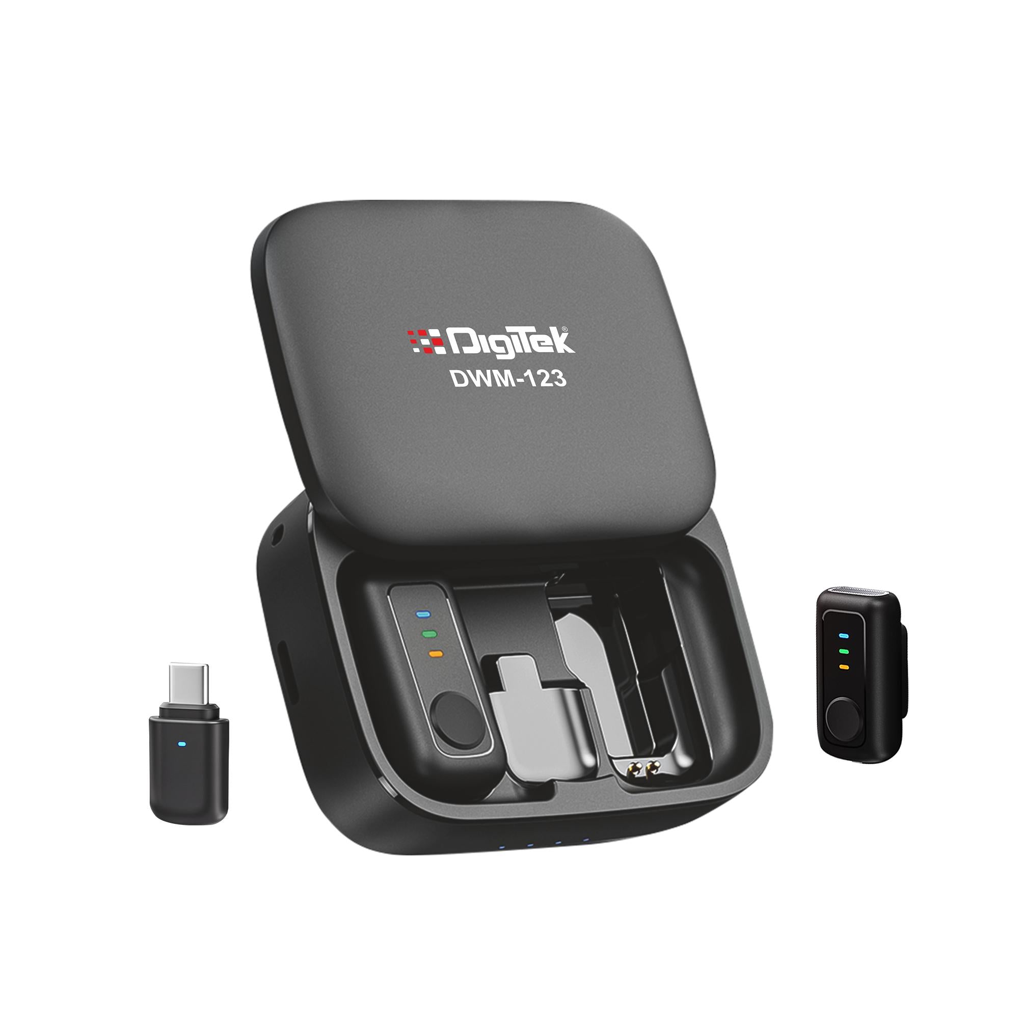 Digitek (DWM 123) 2-in-1 Wireless Microphone System with Charging Case & Magnetic Collar Clip, Type-C Receiver for iPhone 15 & Above, Android Phones, 60m Range, Build in Microphone, For Creators and Vloggers (Blue)