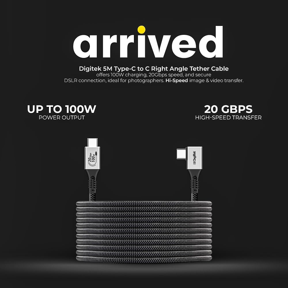 Digitek® (DC 5M-TC2C 3.2) Type-C to C Right Angle Tethering Cable, 5M Nylon Braided, 100W Fast Charging, 20Gbps Data Transfer, Bi-Directional, for Photography & Videography Applications