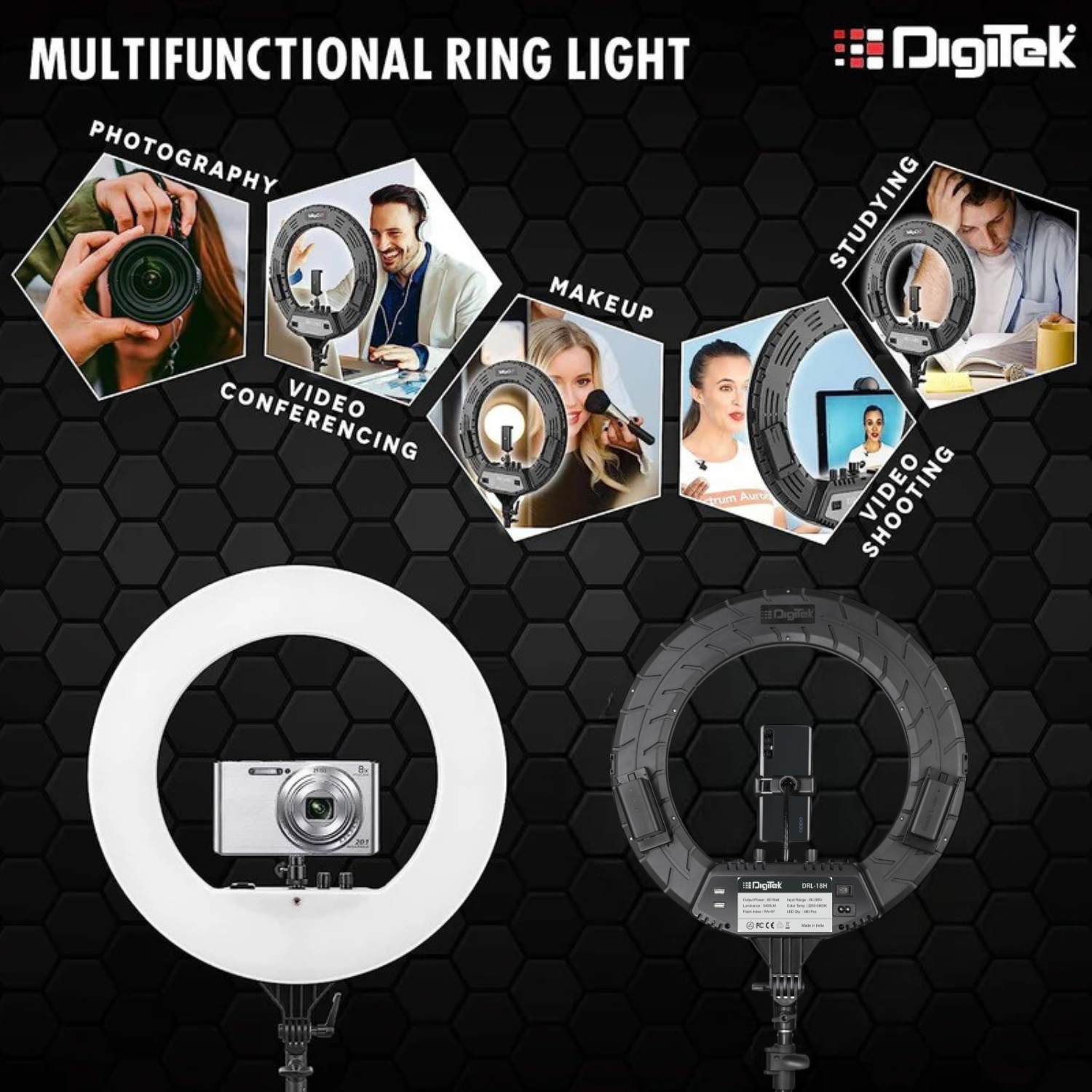 Digitek (DRL 018H) Professional 46 CM (18 inch) Big LED Ring Light with 2 Color Modes Dimmable Lighting, Photo-shoot, Video shoot, Live Stream, Makeup & more, Compatible with iPhone/ Android Phones & Cameras