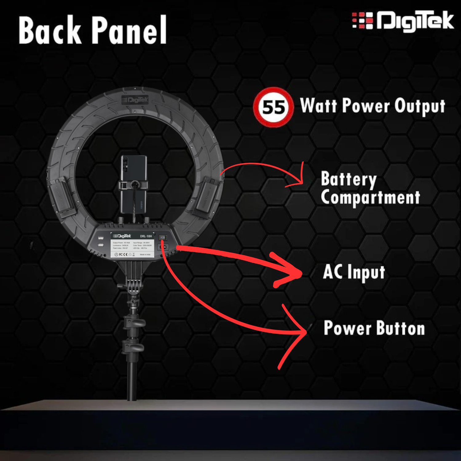 Digitek (DRL 018H) Professional 46 CM (18 inch) Big LED Ring Light with 2 Color Modes Dimmable Lighting, Photo-shoot, Video shoot, Live Stream, Makeup & more, Compatible with iPhone/ Android Phones & Cameras