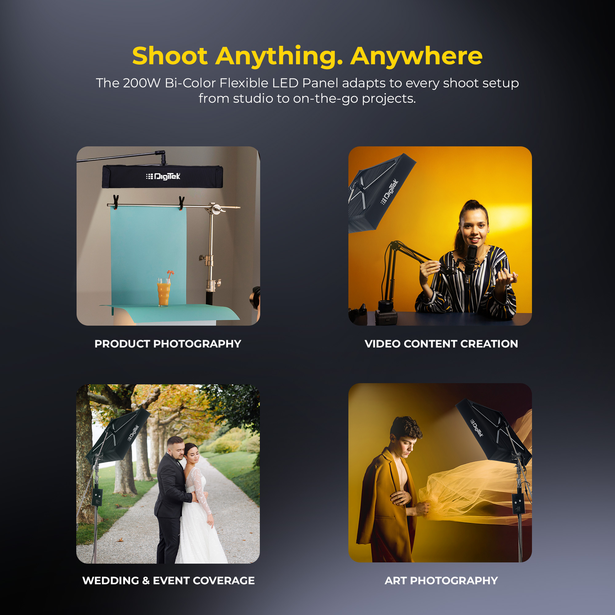 Digitek®(DFFL 6090) 200W Bi-Color Flexible Fabric LED Video Light with Remote & App Control, 1536 LEDs, 2700K–6500K±200K, 0–100% Dimming, 120° Beam Angle, 18000LM, Includes X Bracket, Diffuser, Honeycomb Grid & Accessories, for Photo & Videography