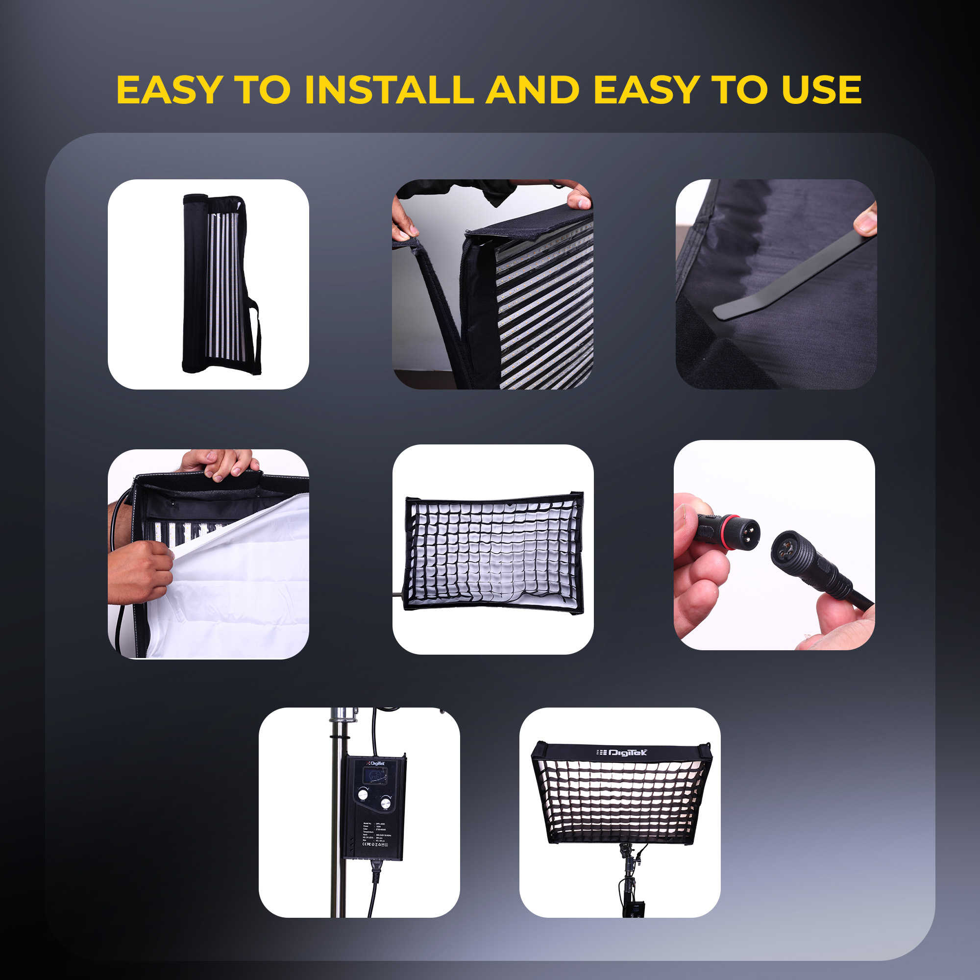 Digitek®(DFFL 6090) 200W Bi-Color Flexible Fabric LED Video Light with Remote & App Control, 1536 LEDs, 2700K–6500K±200K, 0–100% Dimming, 120° Beam Angle, 18000LM, Includes X Bracket, Diffuser, Honeycomb Grid & Accessories, for Photo & Videography