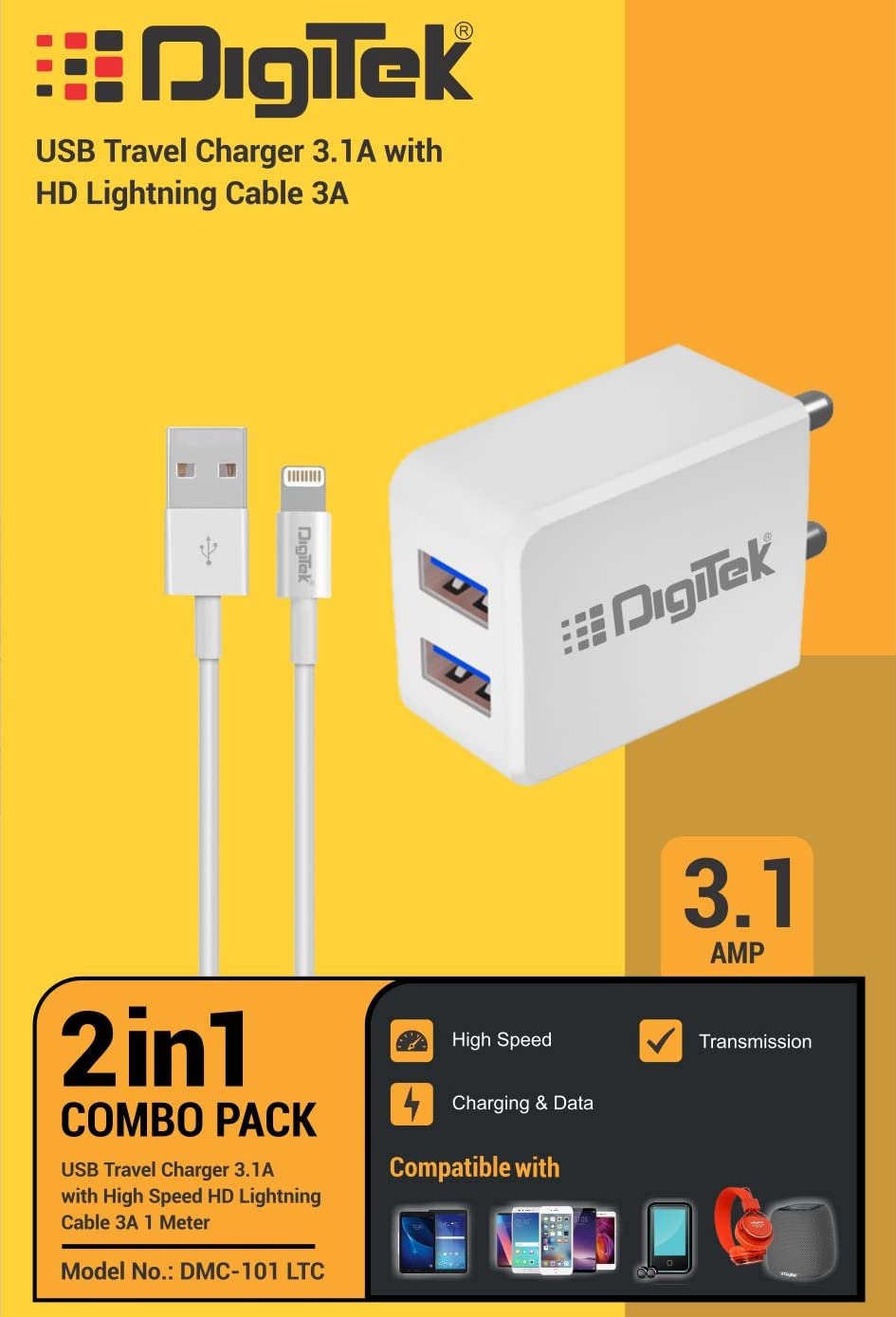 Digitek (DMC-101 LTC) Dual Port USB Travel Charger 5V/3.1A Wall Charger with HD Lightning Cable, Fast Charging Adapter Suitable for Smartphones, Tablet, iPhones, iPods, iPad, Mobile phones & other USB devices.