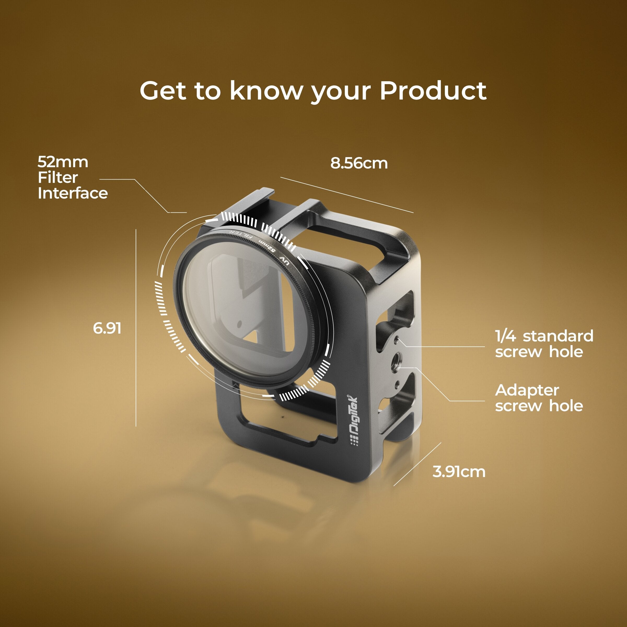 DIGITEK® Cam Cage for GoPro Hero 12, Lightweight Aluminum Body, 52mm Filter Interface, 1/4" & 3/8" Screw Holes, Mount LED Lights & External Mics, Ideal for Adventure Riding & Outdoor Vlogging