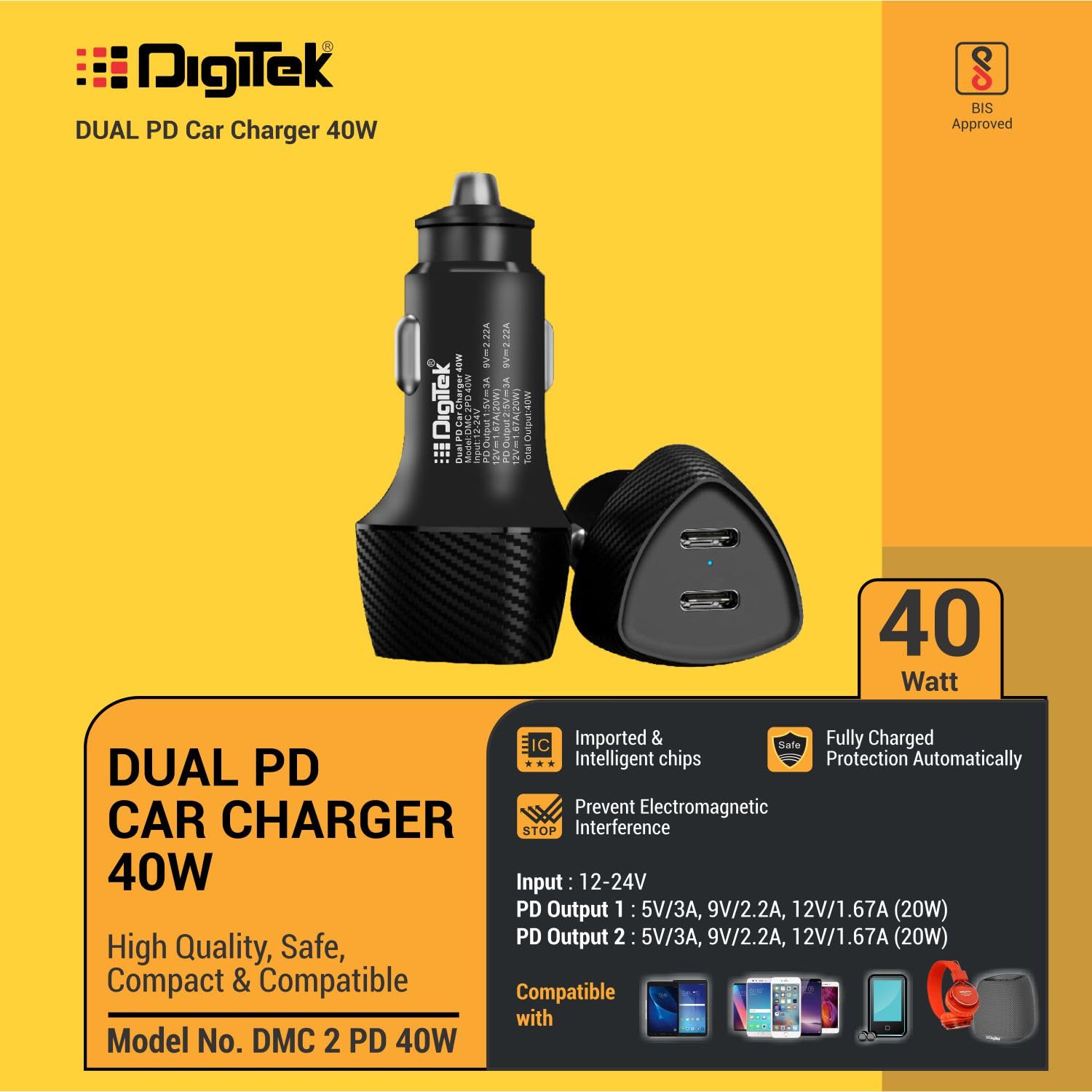 Digitek (DMC 2PD 40W) Fast Car Charger with Dual Output, 40 Watts Total (20W + 20W Type C PD), Fast Charging Adapter for iOS & Android Smartphones and Tablets (Black)