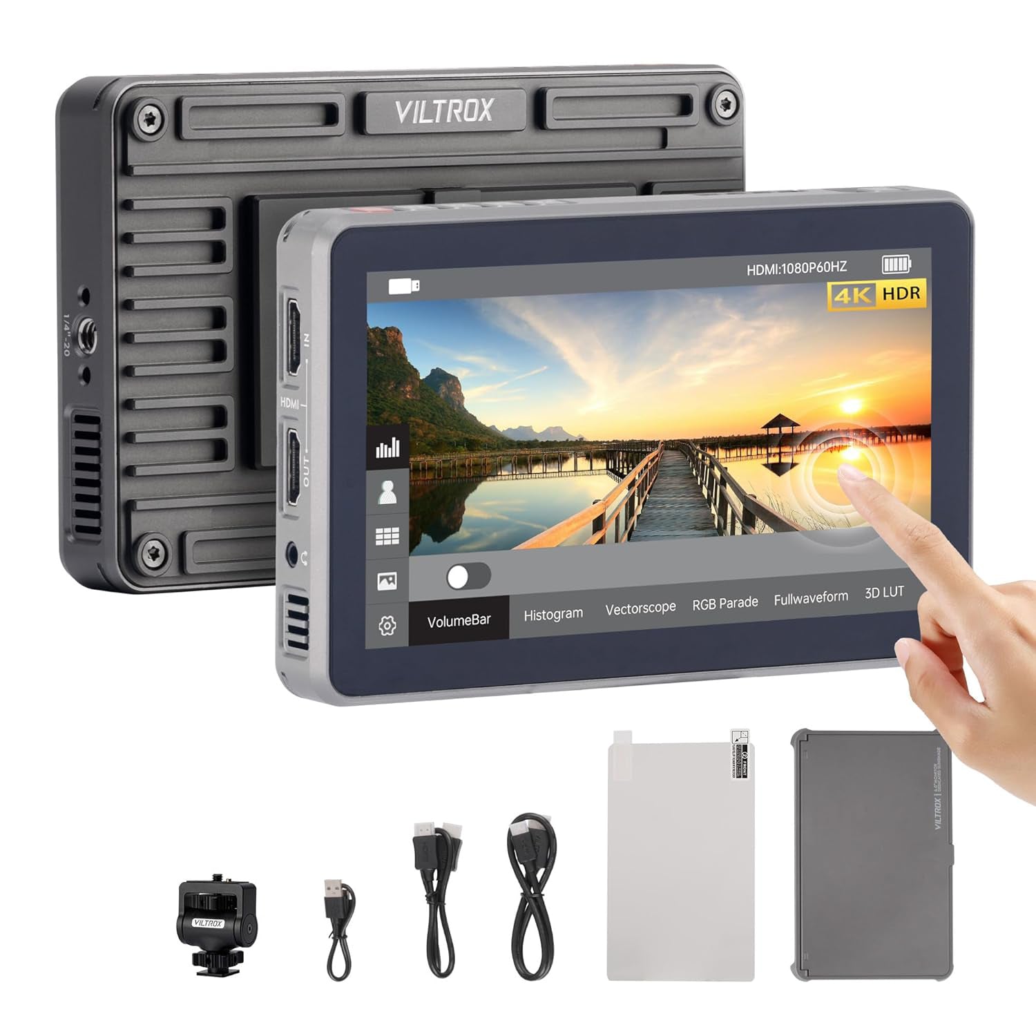 VILTROX DC-X2 6'' Touchscreen Full HD IPS Camera Monitor, 2000 nits 4K HDMI in/Out Video Field Monitor Kit with Sunshade Hood, 3D LUT, Waveform, Histogram & Vectorscope Tools, Black