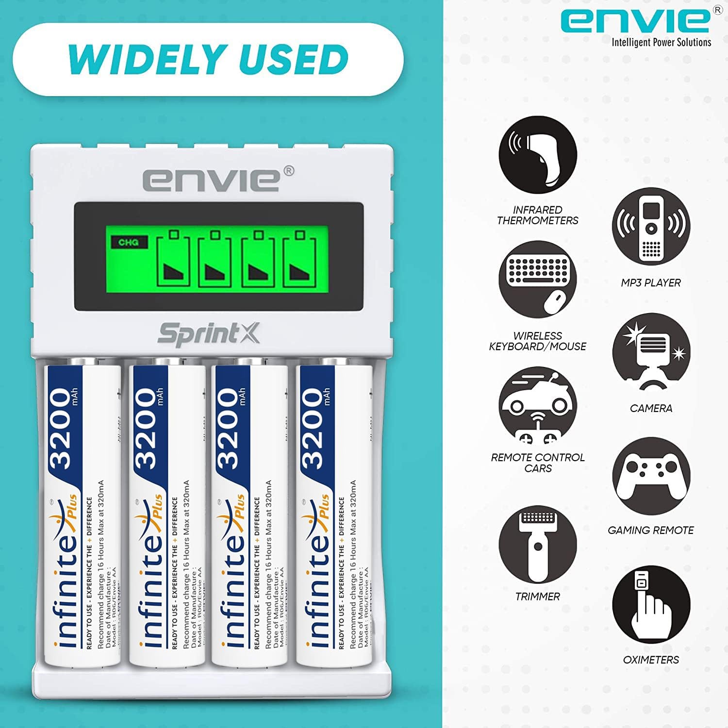 ENVIE (ECR 11MC+4xAA3200) SprintX Ultra Fast Rechargeable Batteries Charger for AA & AAA Ni-mh, with AA3200 Infinite Plus 4PL Rechargeable Batteries comes with Over Charge Protection