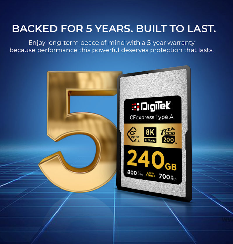 Digitek (DCFA 240GB Gold Series) CFexpress Type A Memory Card – 800MB/s Read, 700MB/s Write, 8K Ultra HD Support, Nytro Boost, Perfect Frame, 5-Year Warranty, For High Speed 8K Videography
