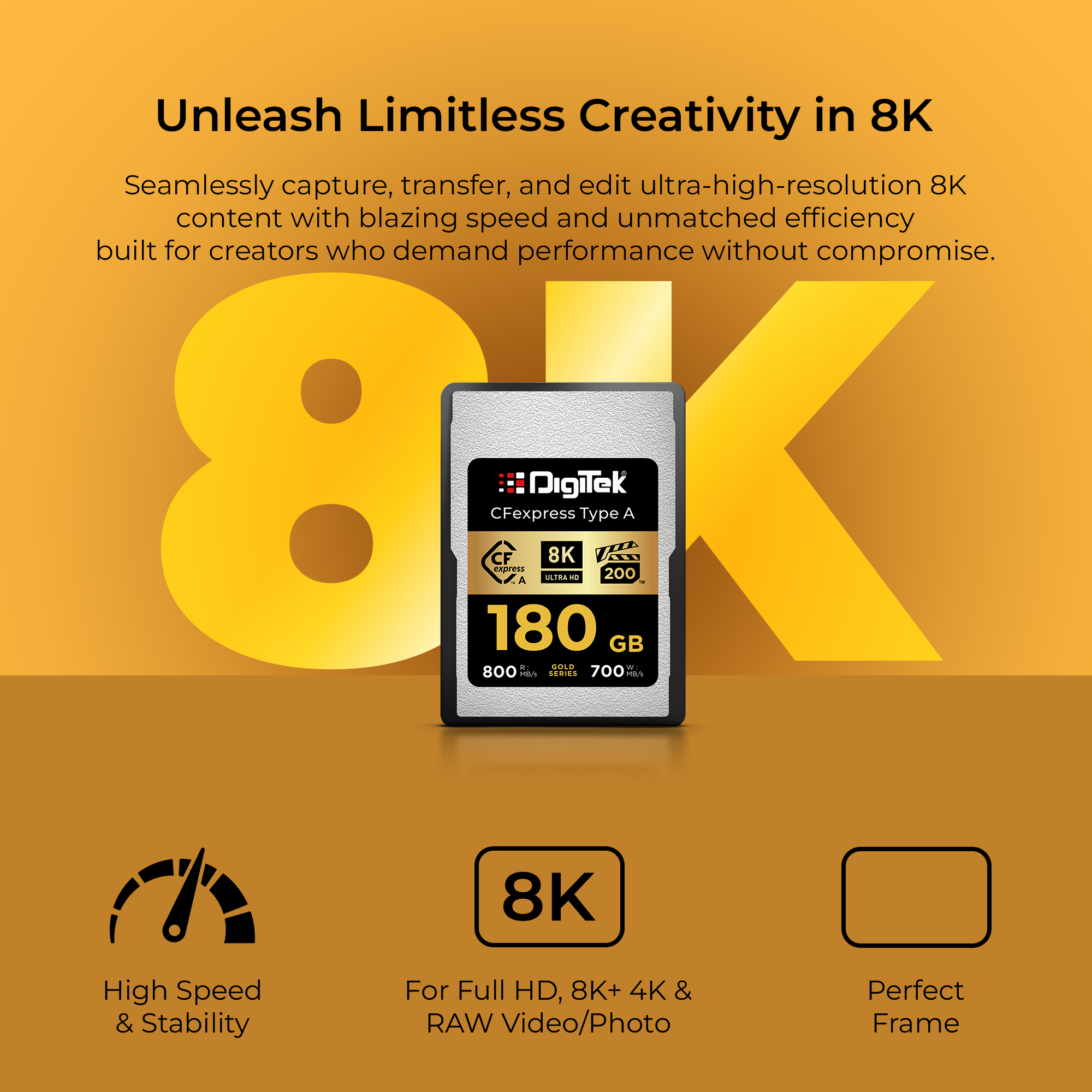 Digitek (DCFA 180GB Gold Series) CFexpress Type A Memory Card – 800MB/s Read, 700MB/s Write, 8K Ultra HD Support, Nytro Boost, Perfect Frame Capture, 5-Year Warranty, for High Speed 8K Videography
