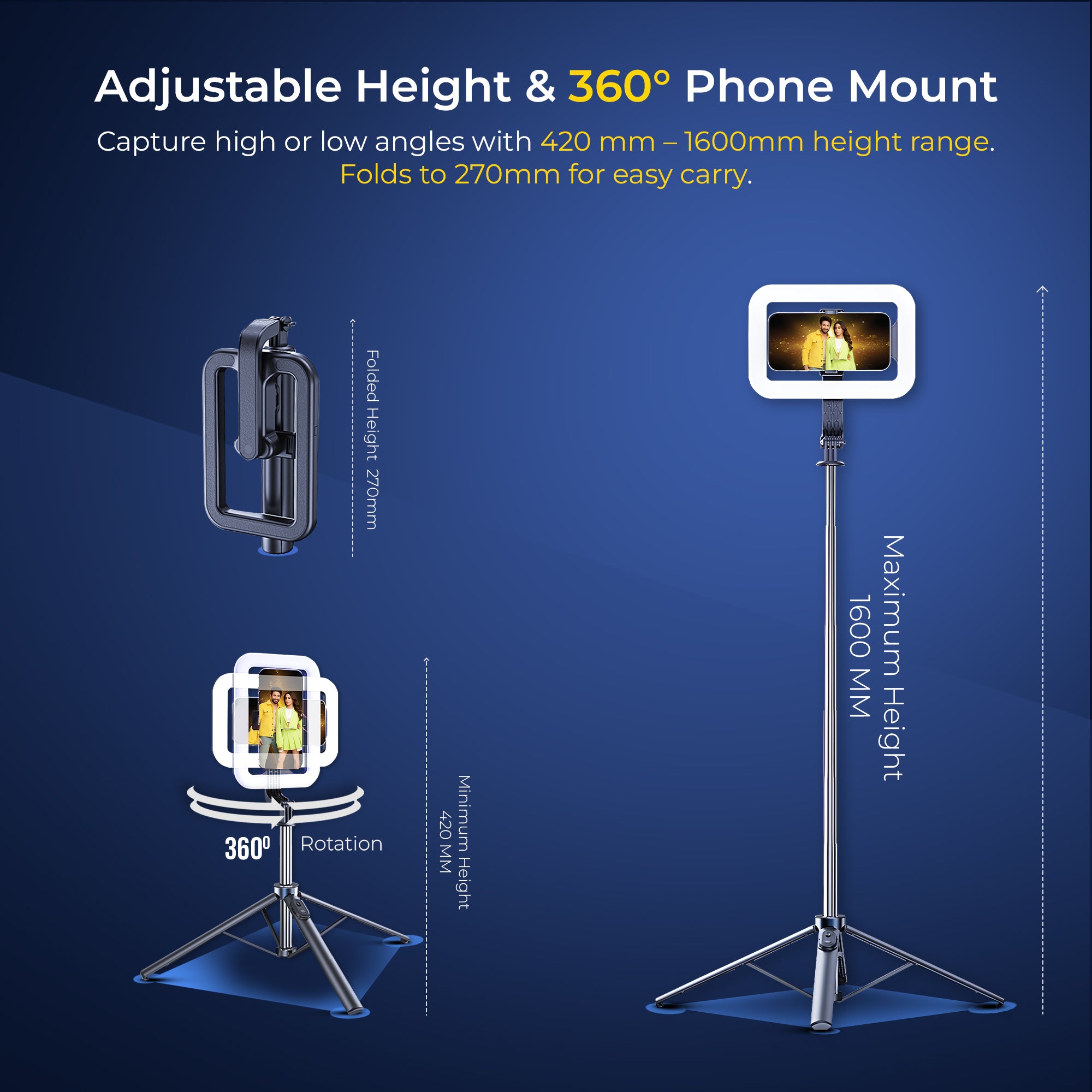 Digitek (DTR 630 SS) Extendable Tripod Selfie Stick with Fill Light, Quadpod Base, Wireless Remote, 5.25ft Max Height, 6-Section Telescopic Rod, 360° Rotation, 1Kg Load, Compatible with Android & iPhone