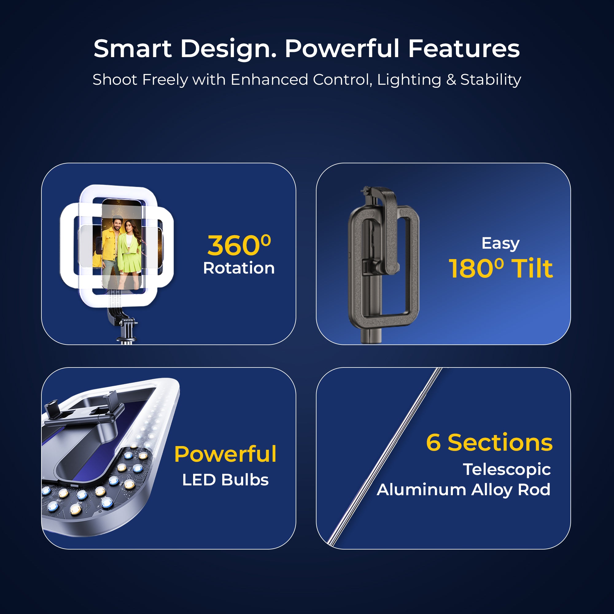 Digitek (DTR 630 SS) Extendable Tripod Selfie Stick with Fill Light, Quadpod Base, Wireless Remote, 5.25ft Max Height, 6-Section Telescopic Rod, 360° Rotation, 1Kg Load, Compatible with Android & iPhone