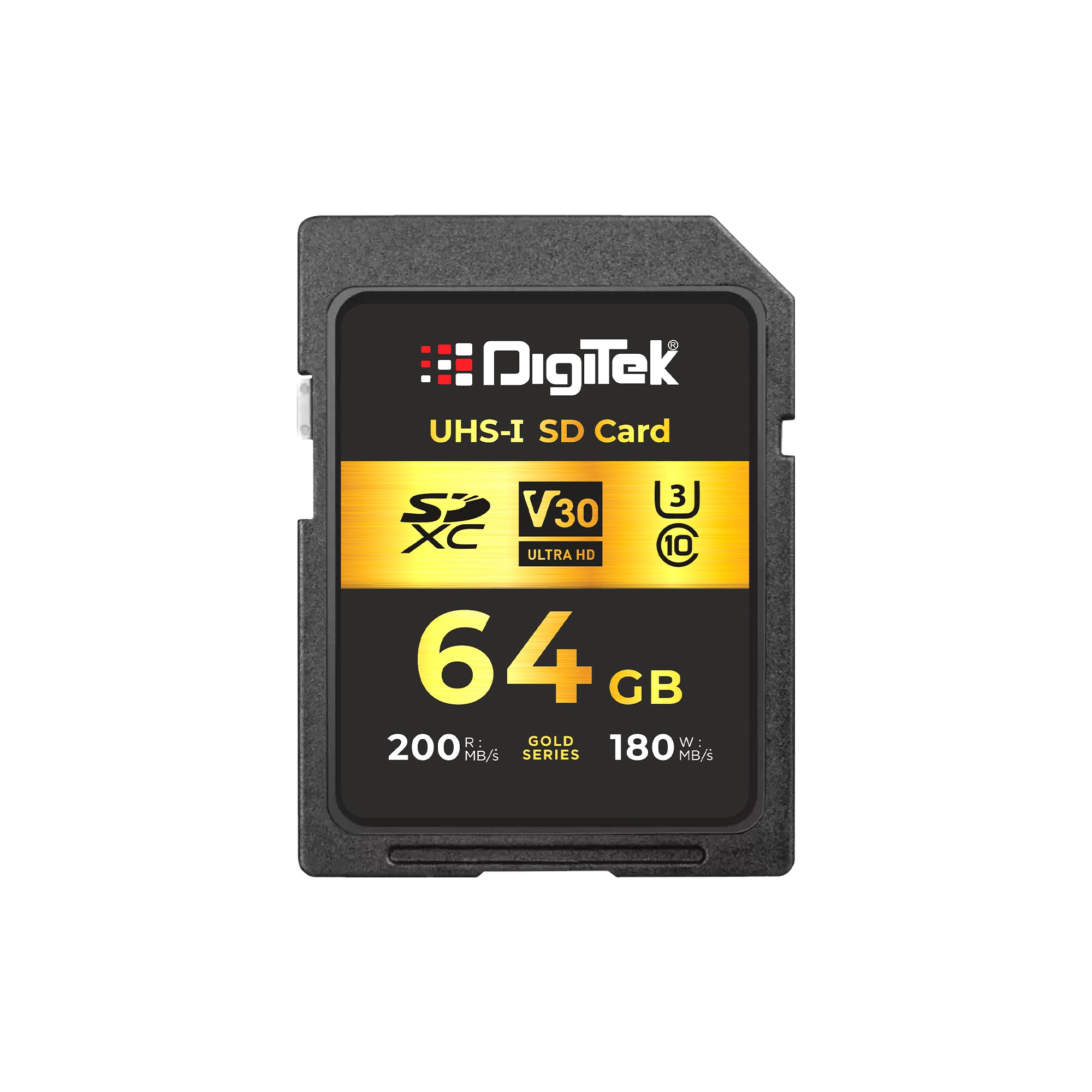 Digitek V30 Ultra HD 64GB UHS-I SD Card – 200MB/s Read, 180MB/s Write, Gold Series, 4K Ready