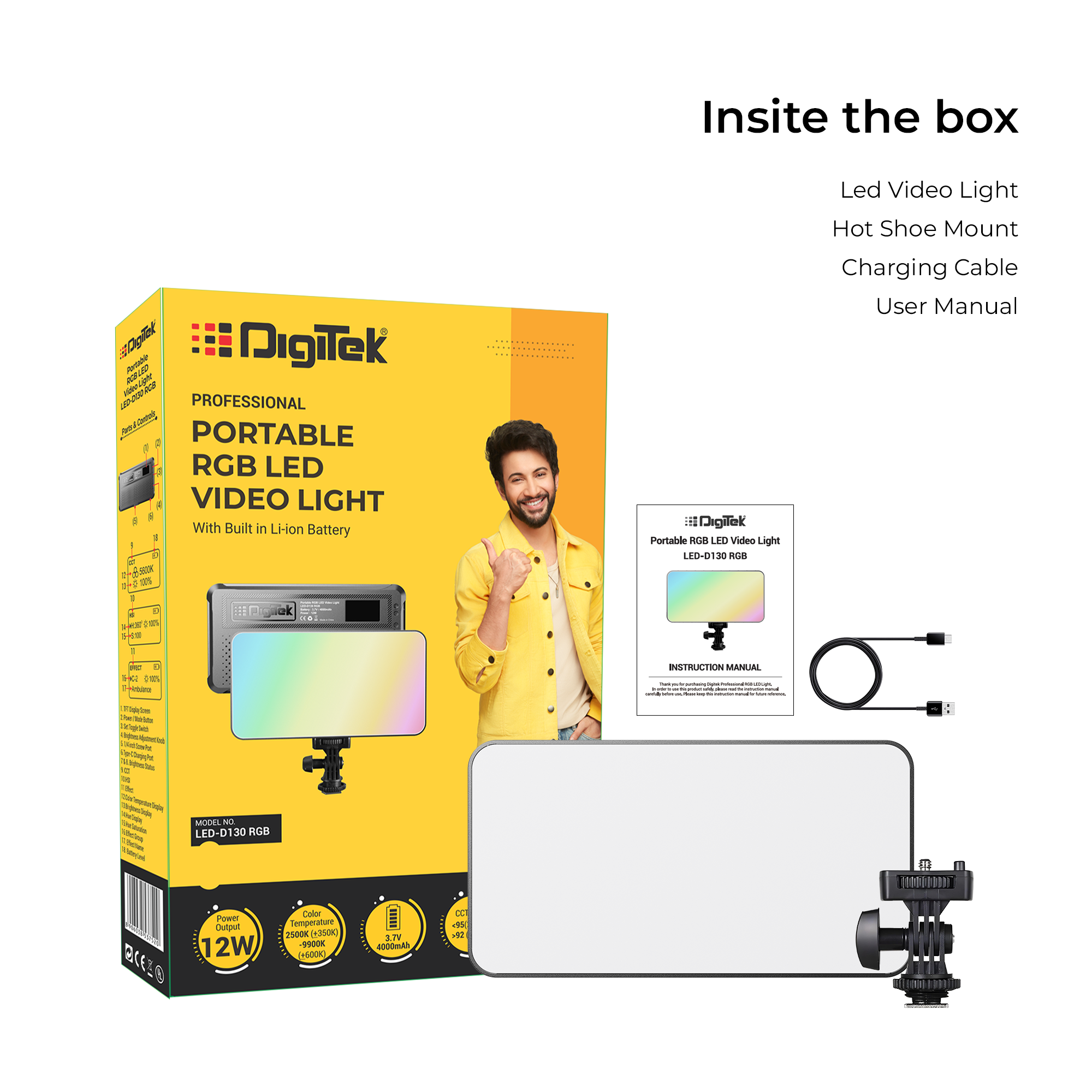 Digitek (LED-D130 RGB) 12W Portable Video LED Light, 130pcs LED with 2500K±9900K, Built-in 4000mAh Battery, 21 FX Modes, HSI 360°, 0-100% Brightness Control, 1/4" Screw Mount, For Photo & Videography
