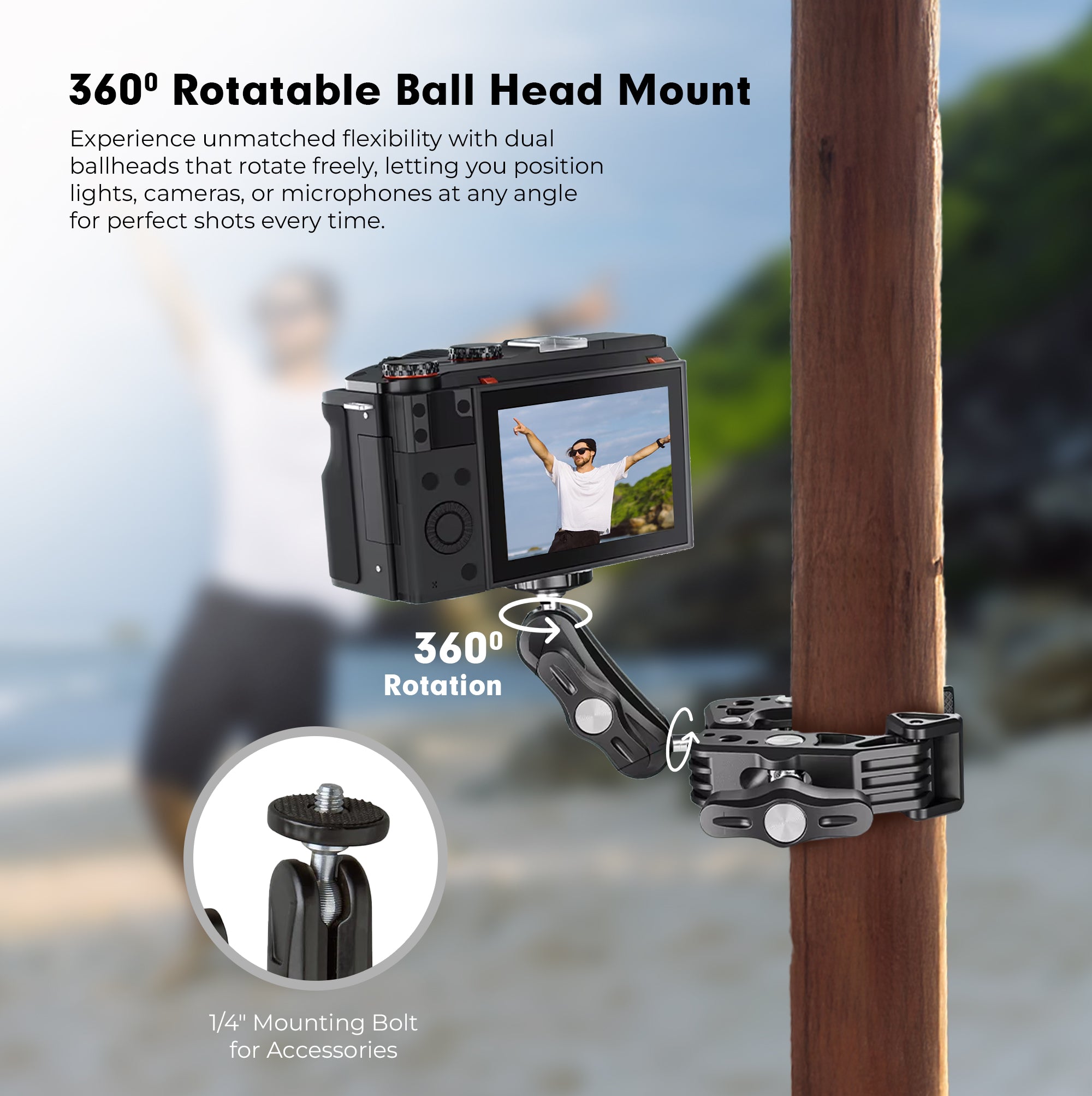 Digitek (DCC-01) Action Camera Mount, Super Clamp Mount with 1/4" & 3/8" Scew for LED Light, Microphone, 360° Double Ballhead Magic Arm with Mobile Holder