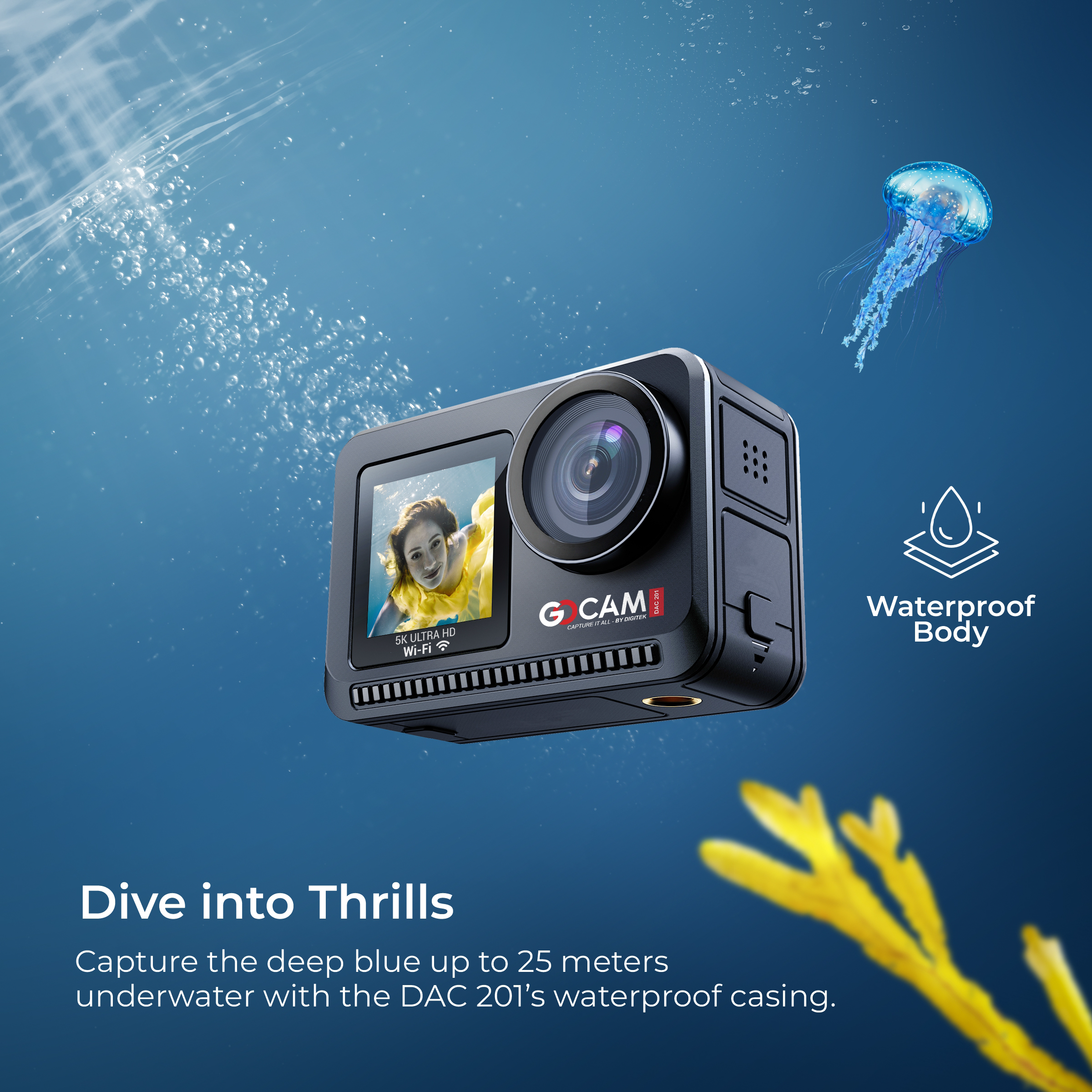 DIGITEK (DAC 201) 8K Ultra HD Waterproof Action Camera with Accesories Kit & Front & Rear Screen, 64MP Interpolated, 2x Batteries, Support 128GB TF Card, For Helmet/Travel/Riding/Sports/Adventure Shoot