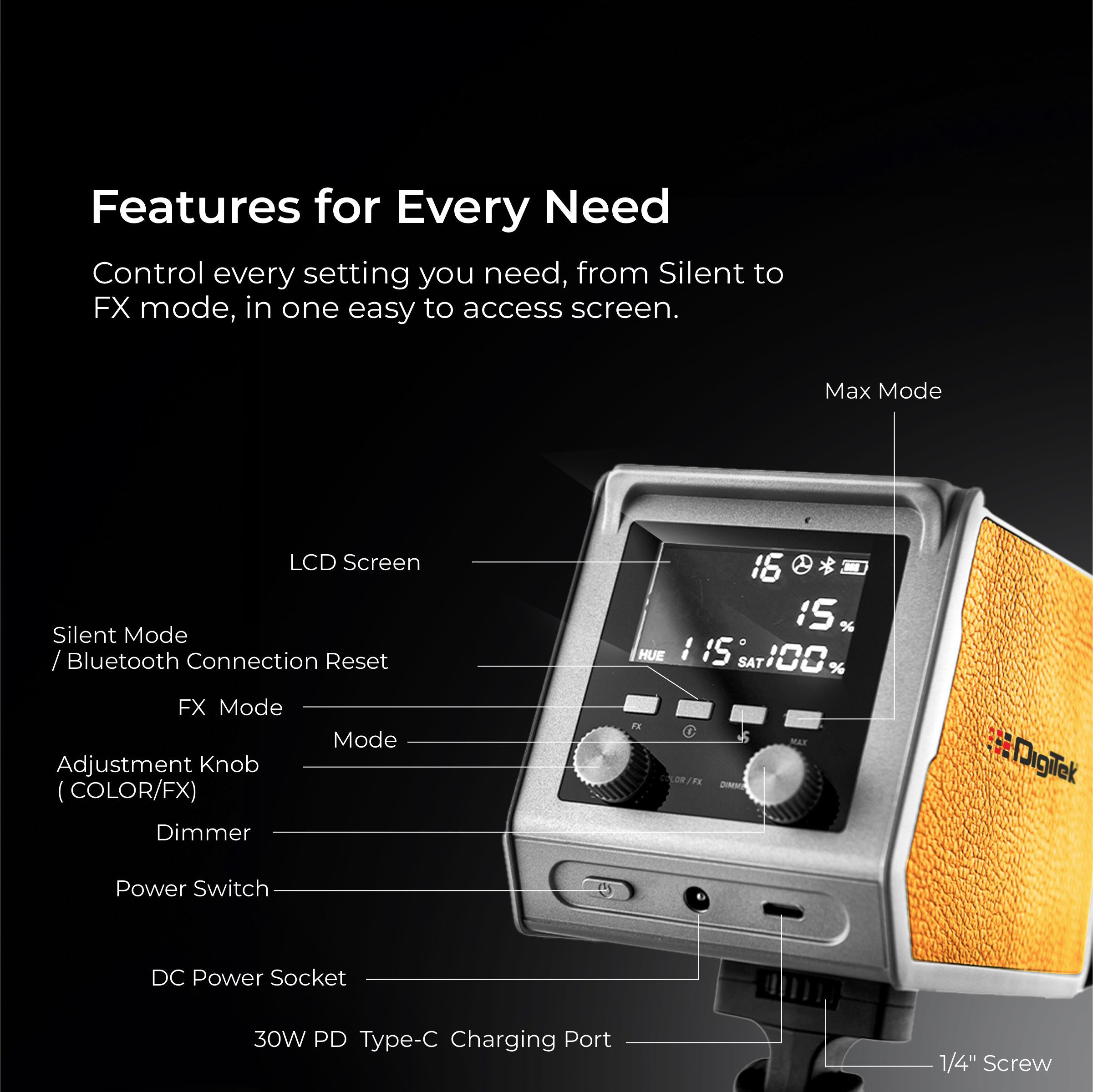 DIGITEK® (DCL-100 WBC) 100W Bi-Color Continuous LED Light with Mini Bowen Mount & Reflector, 2700K-6500K+200 Color Temp, 20FX Modes, 97+ CRI, 0-100% Brightness, APP Control, Lighting for Videography