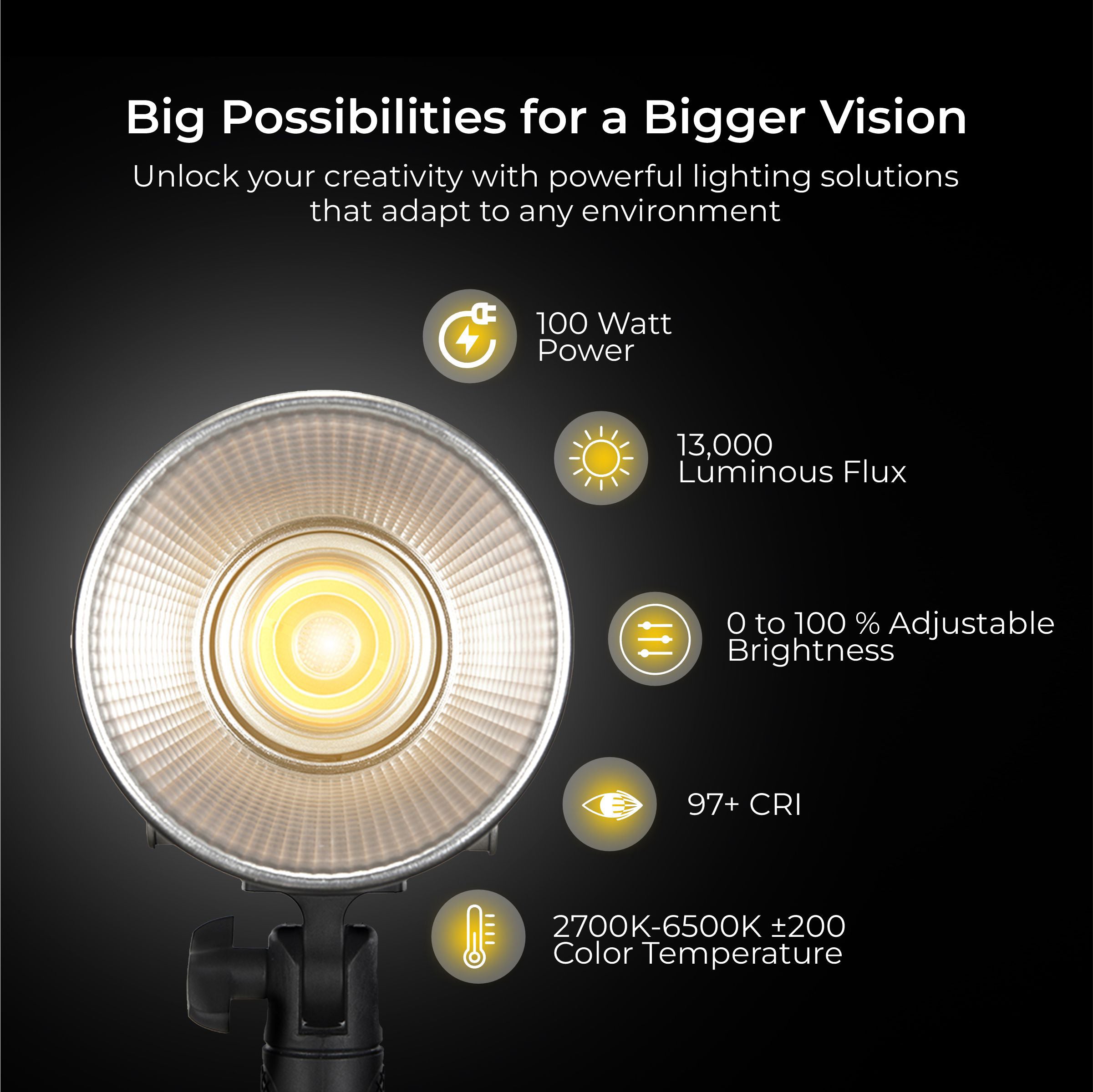 DIGITEK® (DCL-100 WBC) 100W Bi-Color Continuous LED Light with Mini Bowen Mount & Reflector, 2700K-6500K+200 Color Temp, 20FX Modes, 97+ CRI, 0-100% Brightness, APP Control, Lighting for Videography