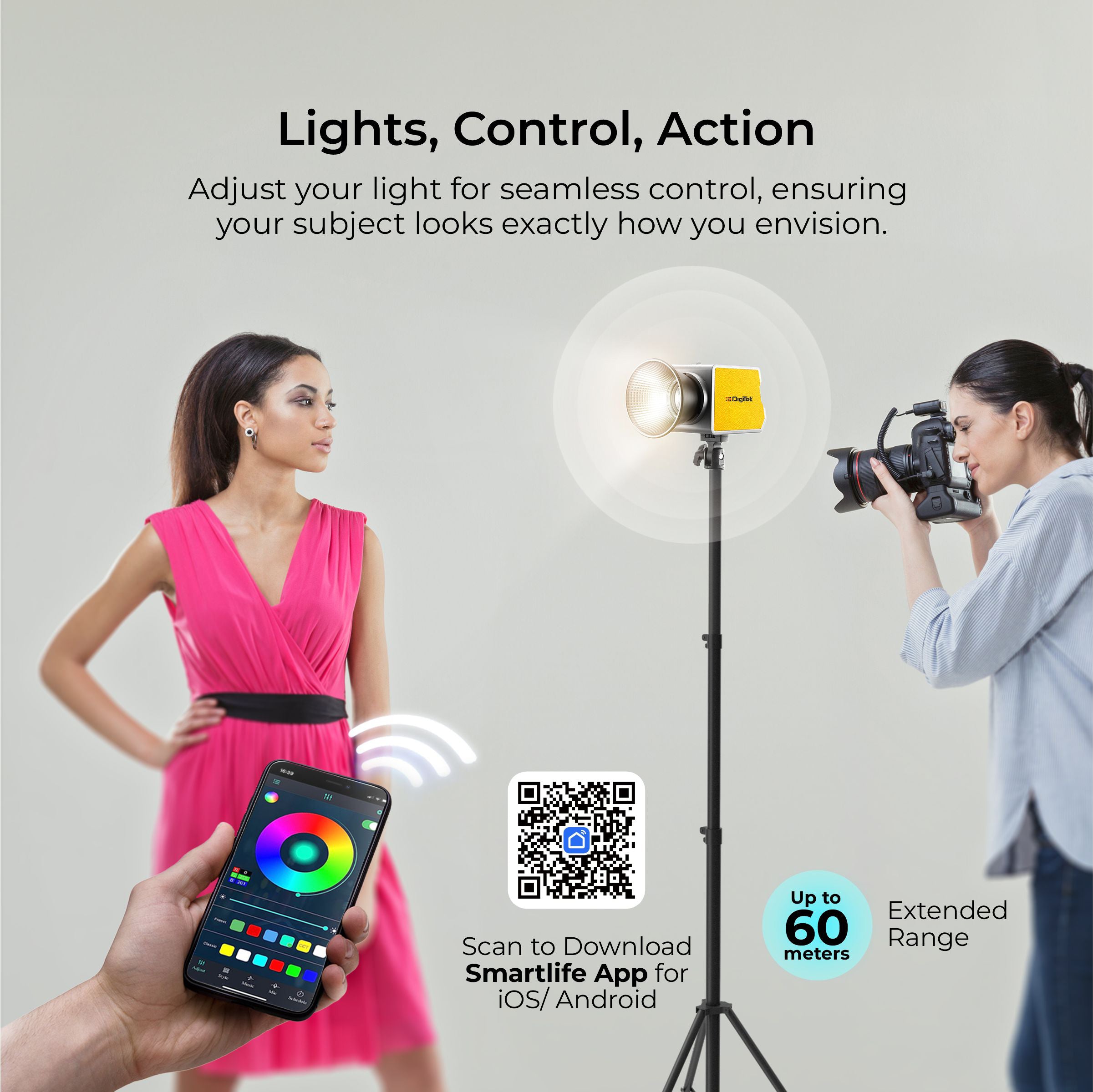 DIGITEK® (DCL-100 WBC) 100W Bi-Color Continuous LED Light with Mini Bowen Mount & Reflector, 2700K-6500K+200 Color Temp, 20FX Modes, 97+ CRI, 0-100% Brightness, APP Control, Lighting for Videography