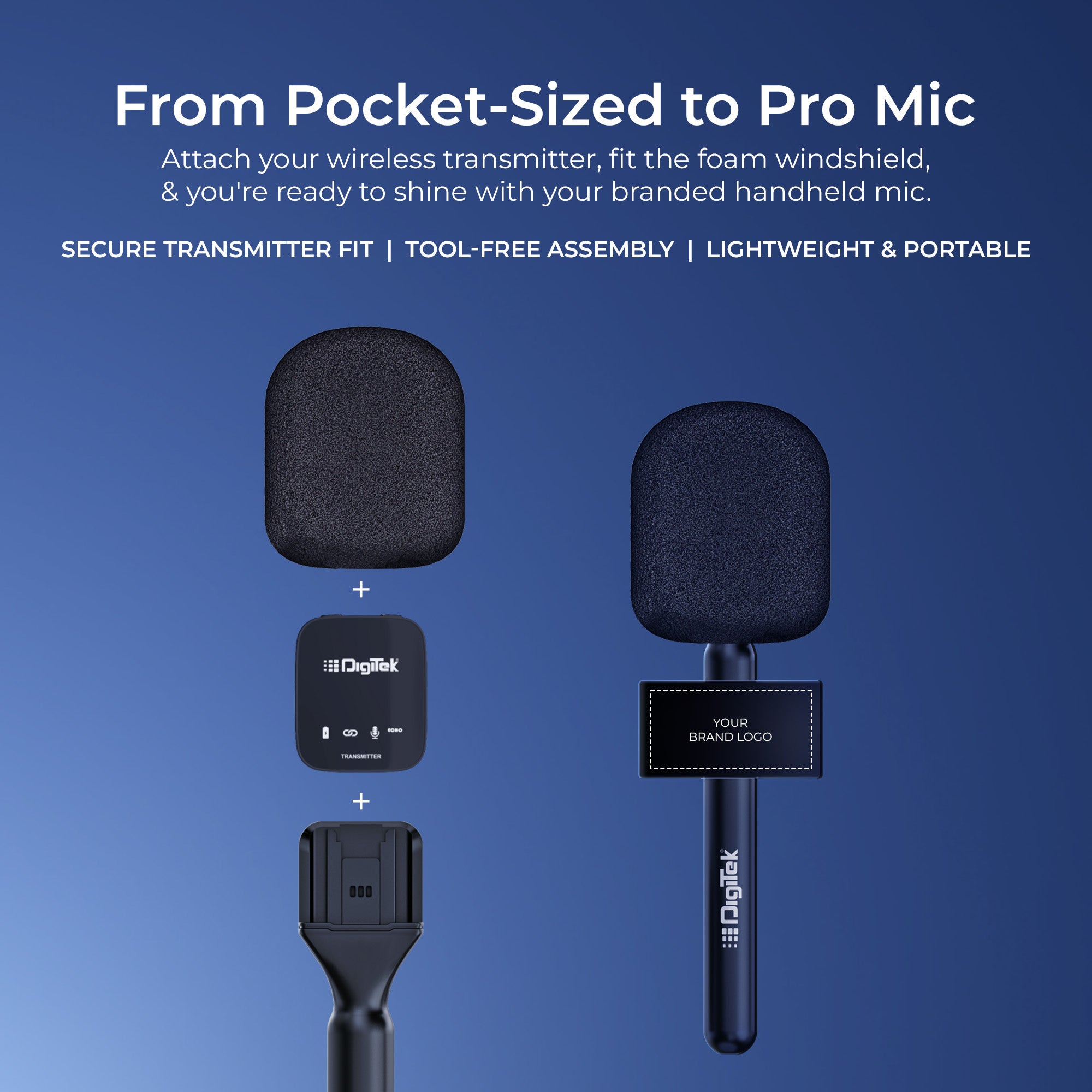 Digitek (DHMA-102) Handheld Interview Mic Adapter with Brand Display Plate and Foam Windshield to Reduce Wind Noise, Compatible with DWM 101 and Other Wireless GO Trensmitter