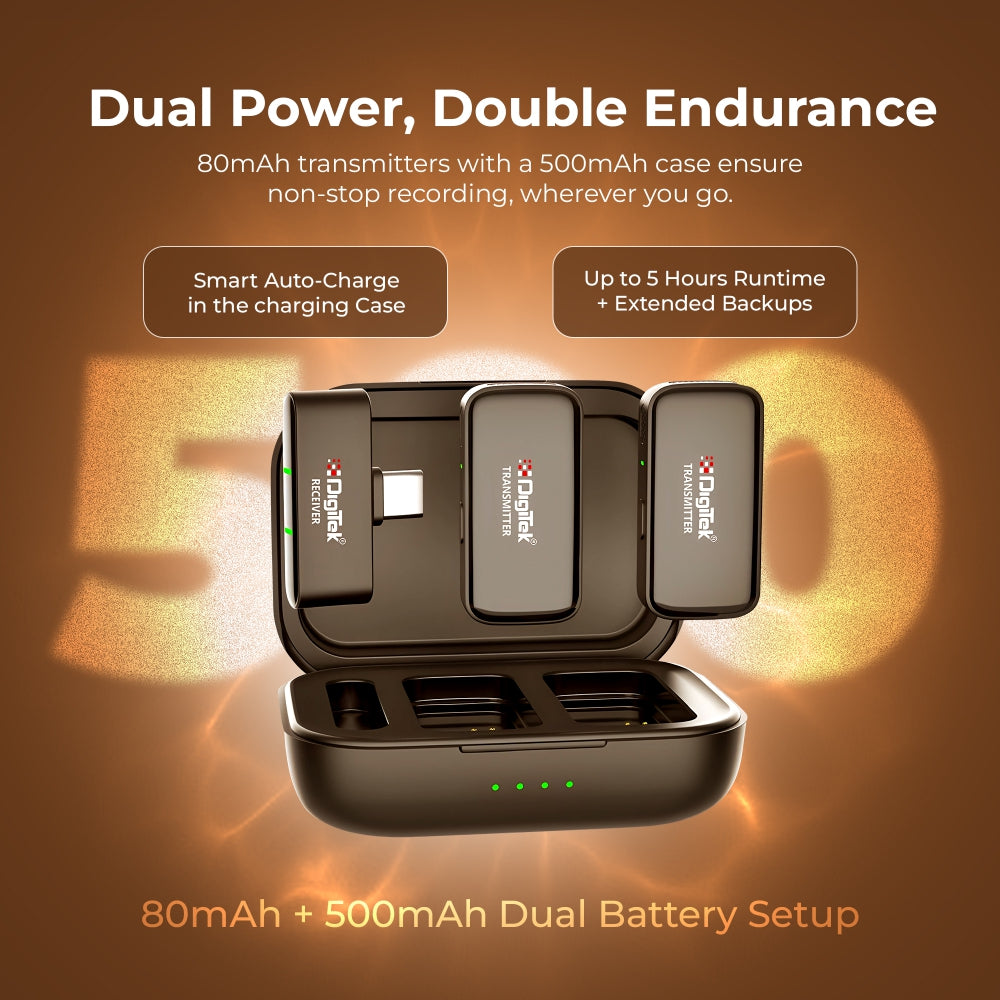 Digitek (DWM 120) Wireless Microphone System, Noise Reduction, 2.4G Mic with 50m Range & 4.5Hr Battery, for iPhone & Android Smartphones, Ideal for Vlogging, Streaming & Interviews