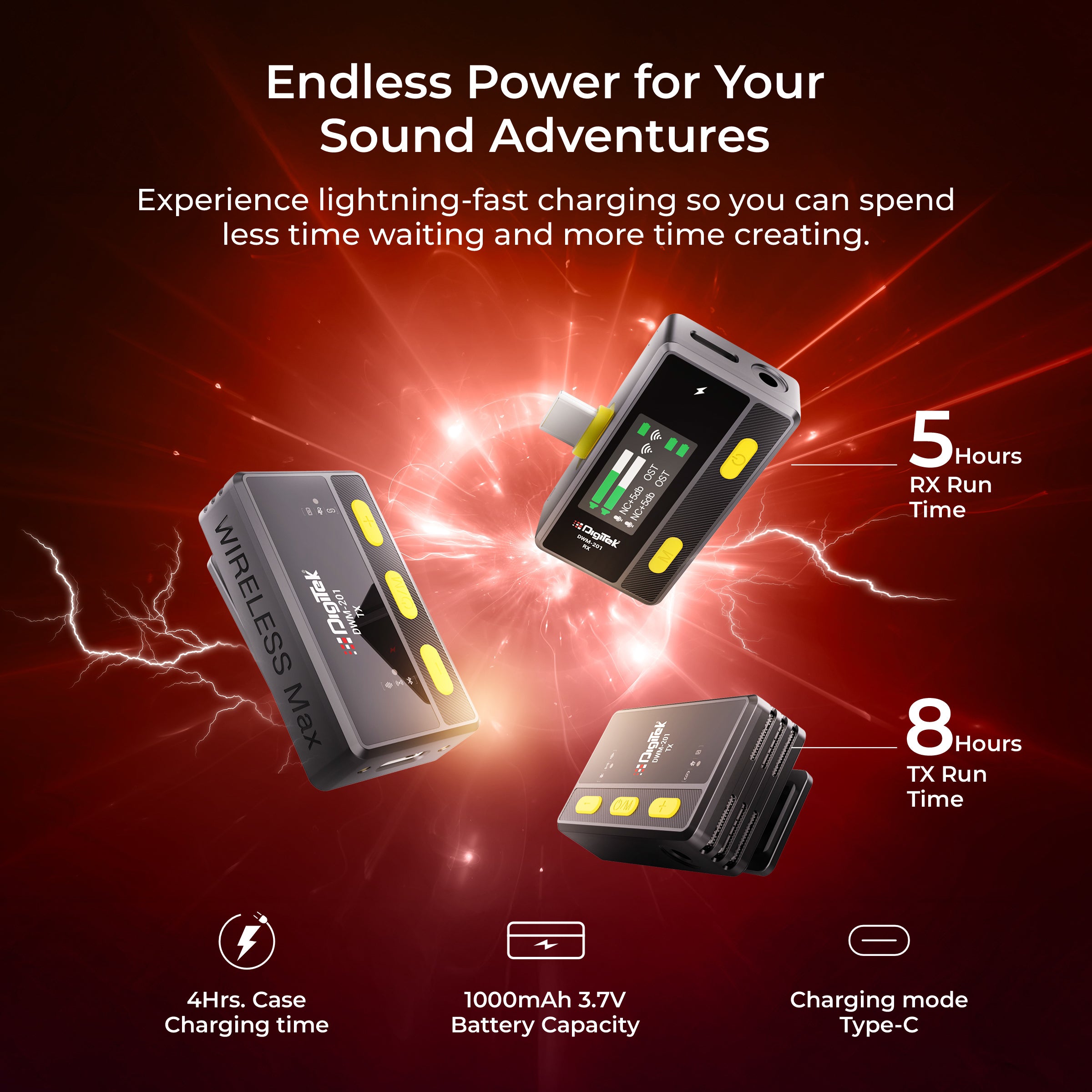 Digitek DWM-201 Wireless Microphone System with Remote & Noise Cancellation, 12 Sound Effects, 3 Voice Modes, 50m Range, Use with iPhone/Android & DSLR Camera for Vlogs, Interview & Podcasts