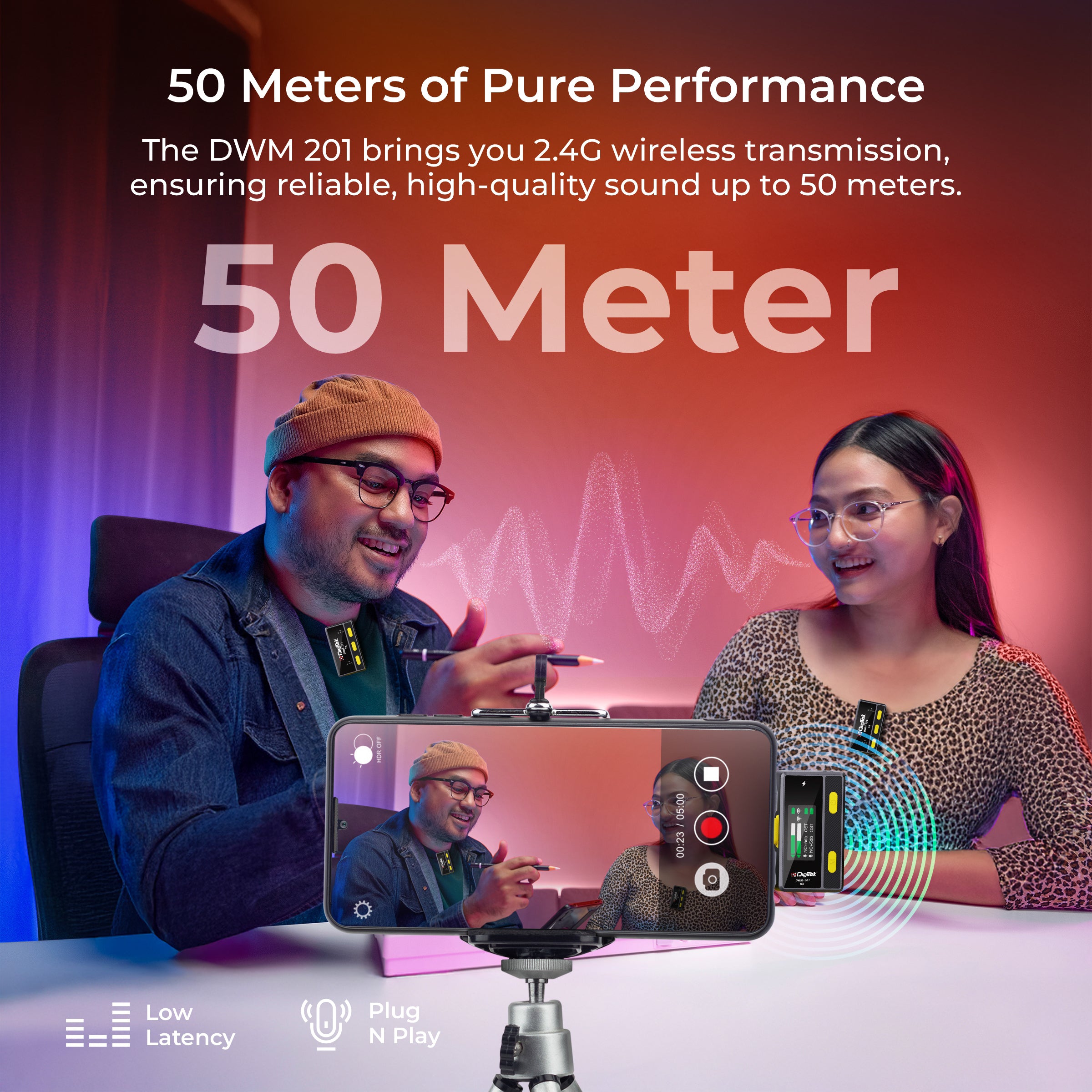 Digitek DWM-201 Wireless Microphone System with Remote & Noise Cancellation, 12 Sound Effects, 3 Voice Modes, 50m Range, Use with iPhone/Android & DSLR Camera for Vlogs, Interview & Podcasts