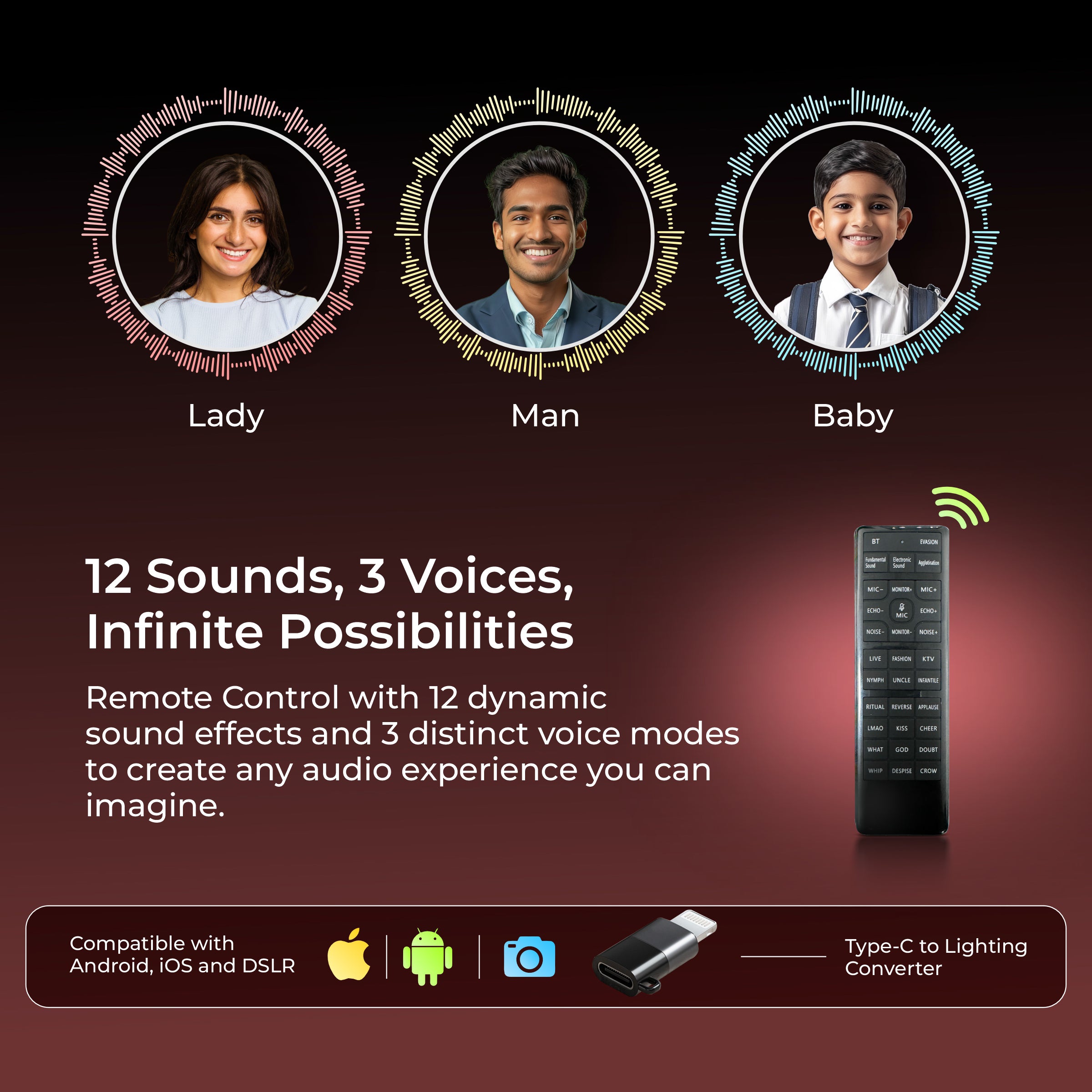 Digitek DWM-201 Wireless Microphone System with Remote & Noise Cancellation, 12 Sound Effects, 3 Voice Modes, 50m Range, Use with iPhone/Android & DSLR Camera for Vlogs, Interview & Podcasts