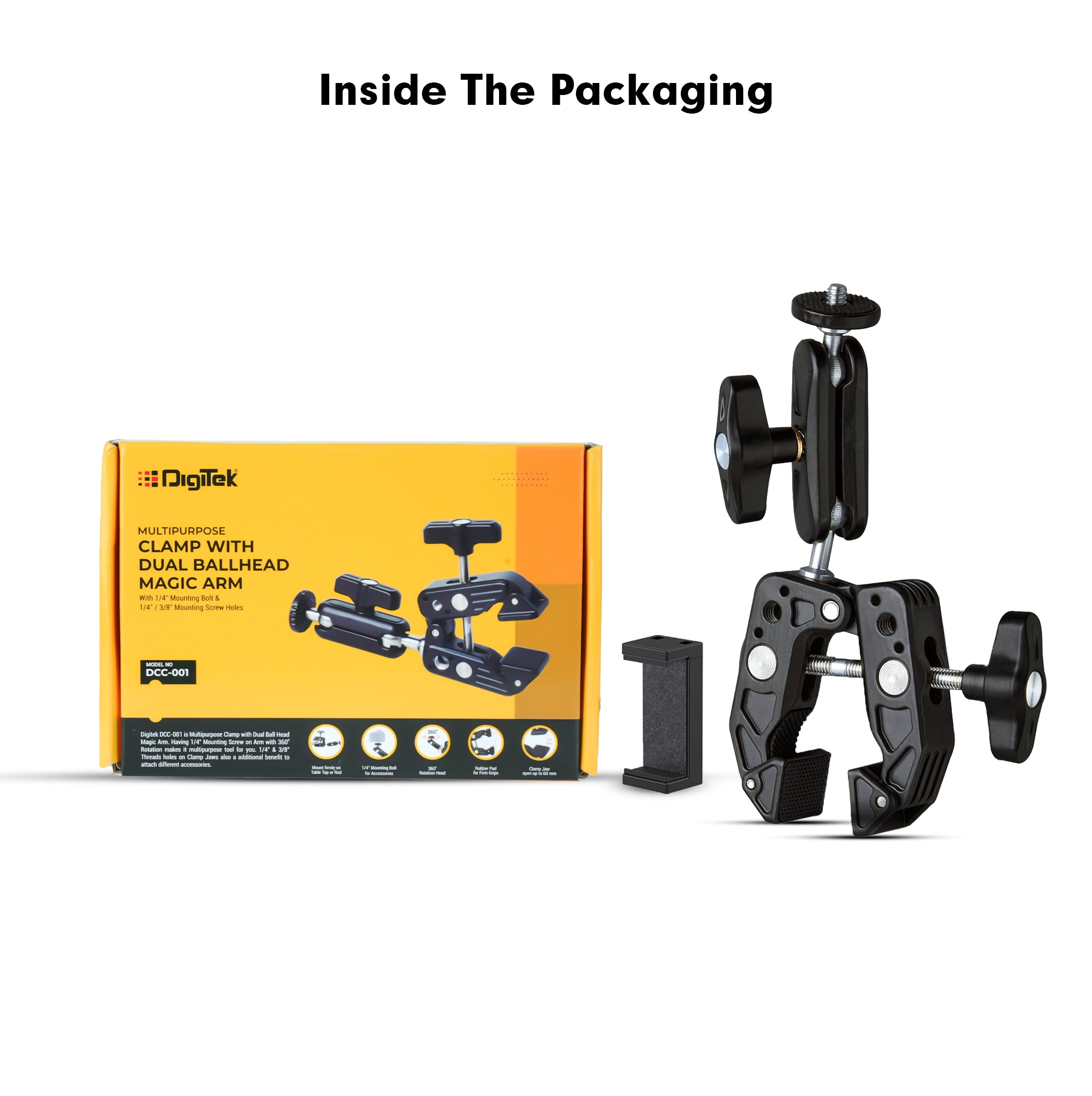 Digitek (DCC-01) Action Camera Mount, Super Clamp Mount with 1/4" & 3/8" Scew for LED Light, Microphone, 360° Double Ballhead Magic Arm with Mobile Holder