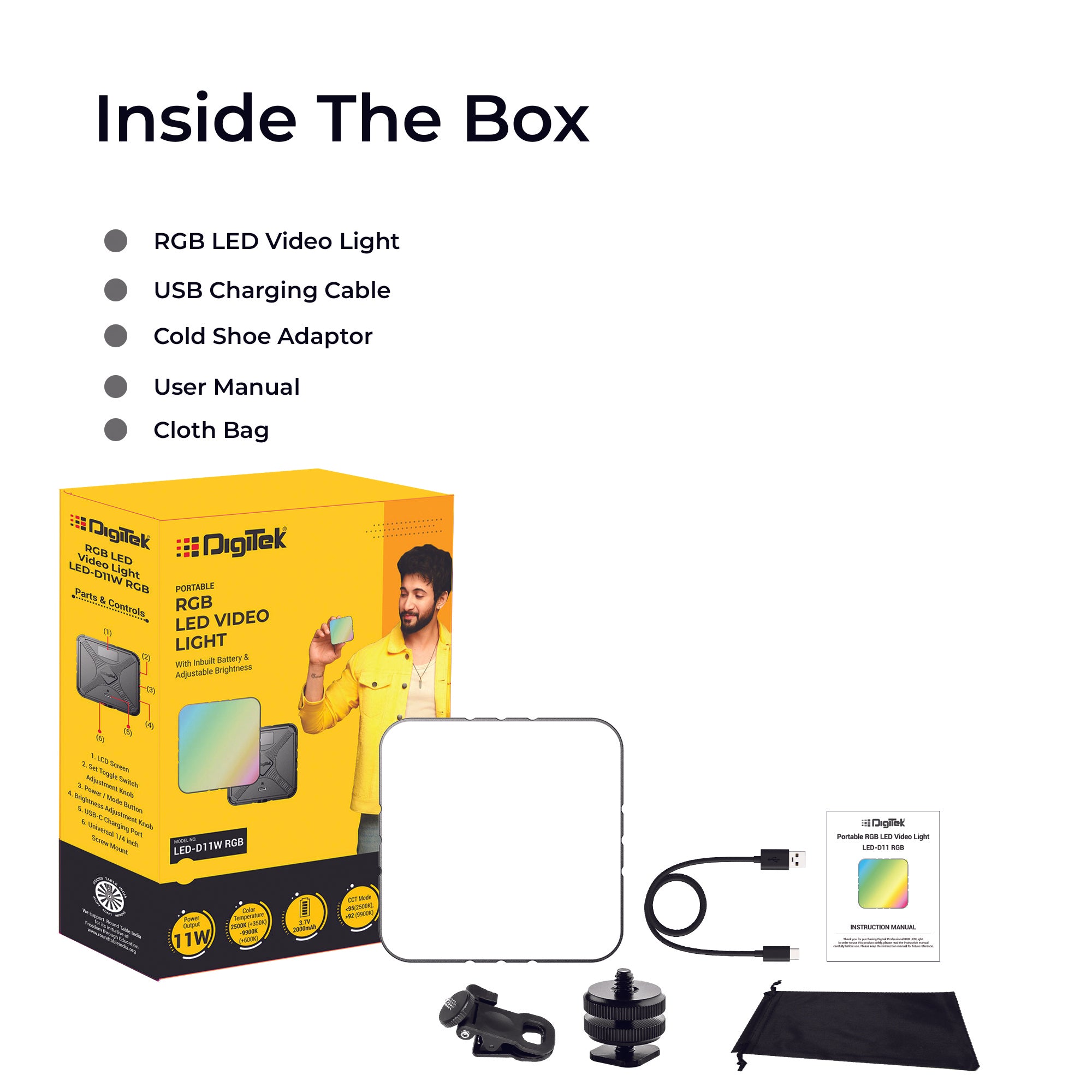 DIGITEK (LED-D11W RGB) 11W Portable Mini RGB LED Video Light with 2000mAh Battery, 21 Lighting Effects, 2500K–9900K CCT, HSI 0–360°, 120° Beam, CRI <95, 1/4" Mount, For Photography & Videography