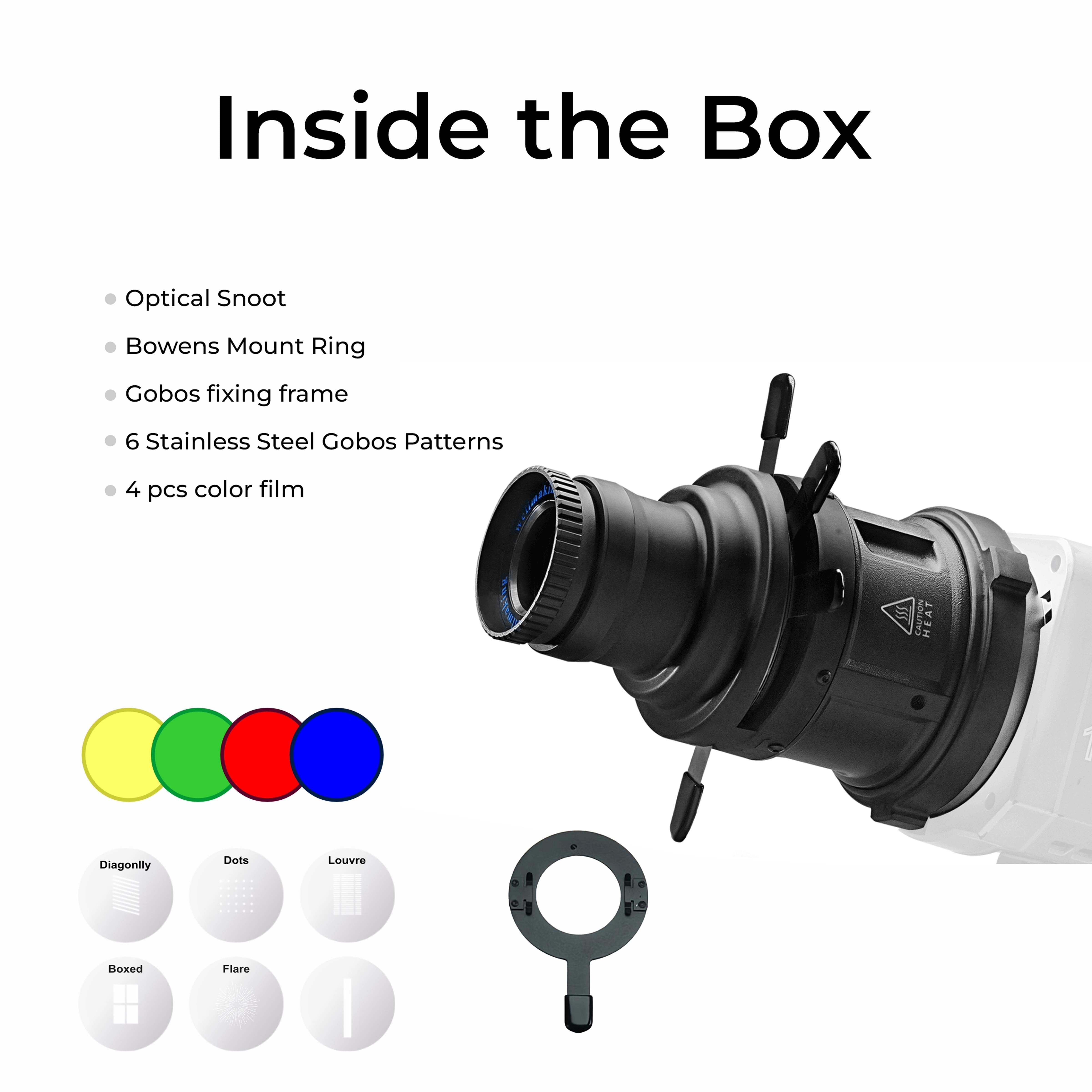 Digitek (DS-240) Bowens Mount Optical Snoot Projector Kit with Gobo Frame & 4 Color Films, 6 Stainless Gobo Patterns, 38° Lens for LED Lights, Sharp Image Projection, Fit for LED Continuous Lights.