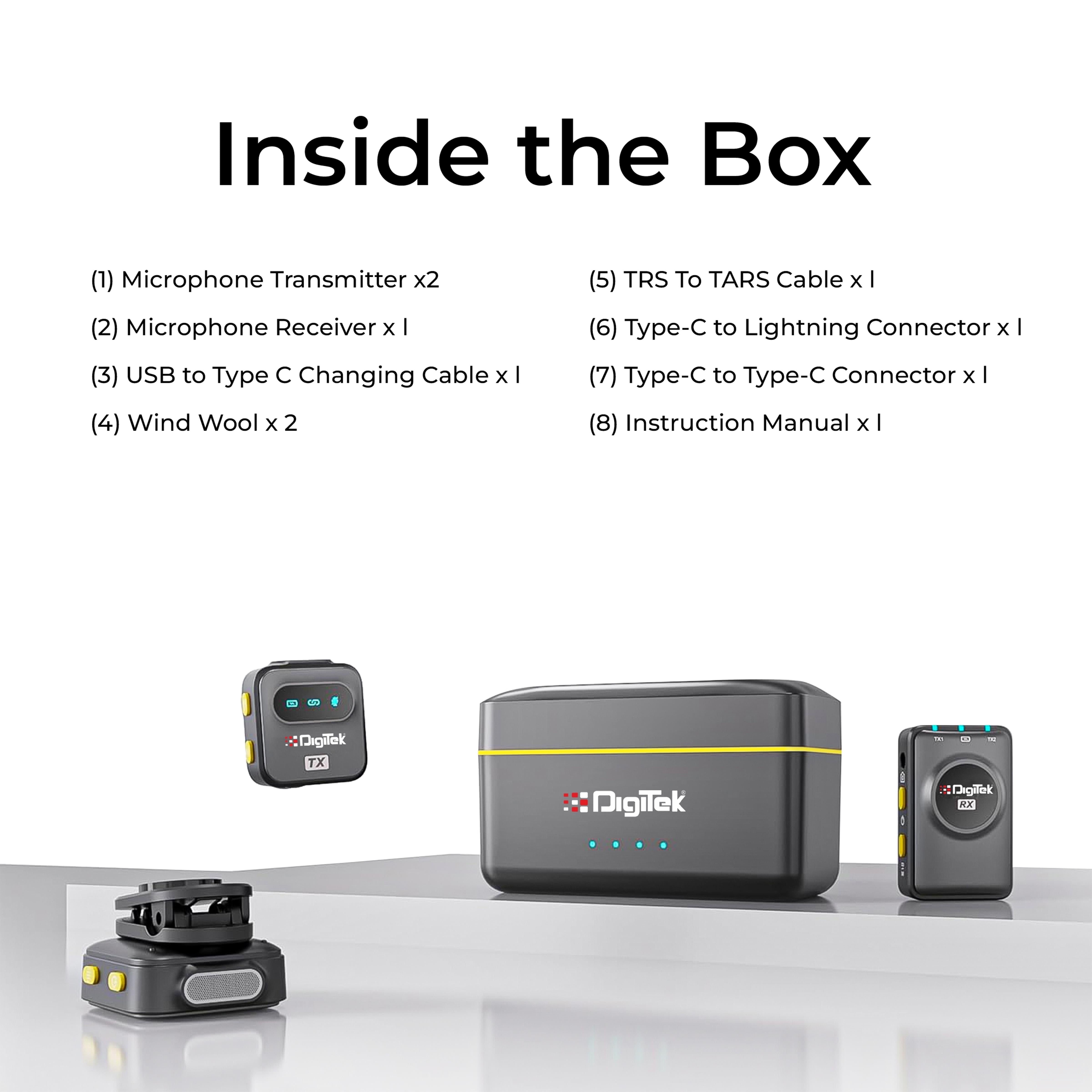 Digitek® (DWM-118) 2-in-1 Wireless Microphone, 50m Range, Noise Reduction, 7Hr Battery, Plug & Play, C-to-C & C-to-LTC Converter, iOS/Android/DSLR Compatible - for Vlogging/Interview/Video Shooting