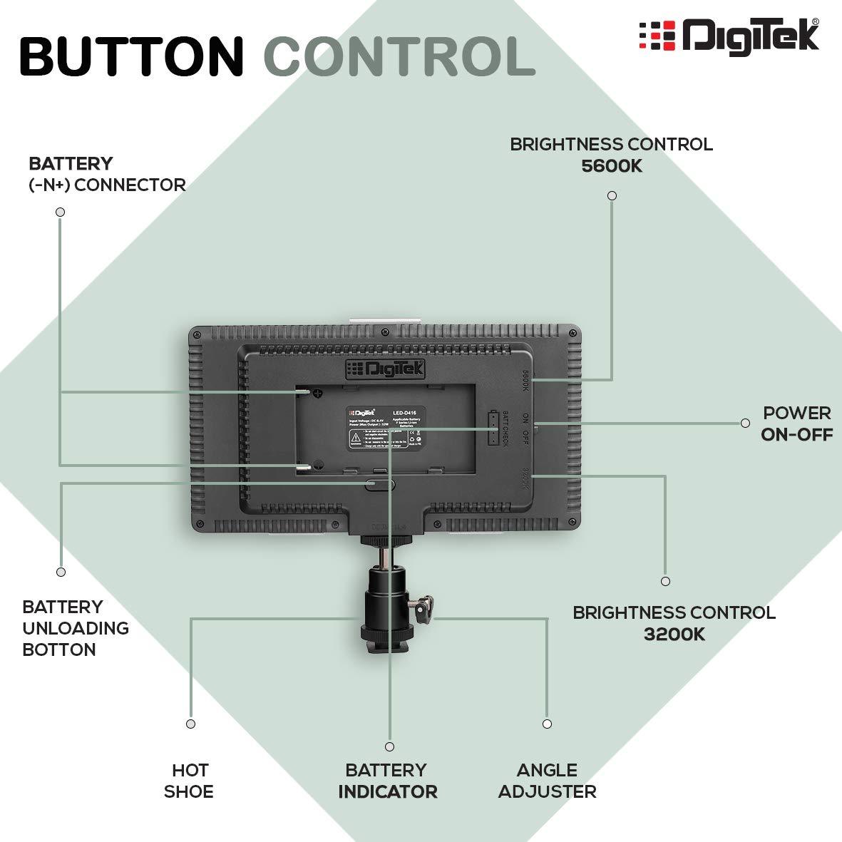 Digitek (LED D416) Professional Video Light & NP-750 Li-ion Battery with Micro USB Charging | Dimmable 3200k -5600k | Compatible with Tripods, Monopods, Cameras, Table stand & Camcorder | For YouTube Video , Product Photography, (LED D416 COMBO) - Digitek
