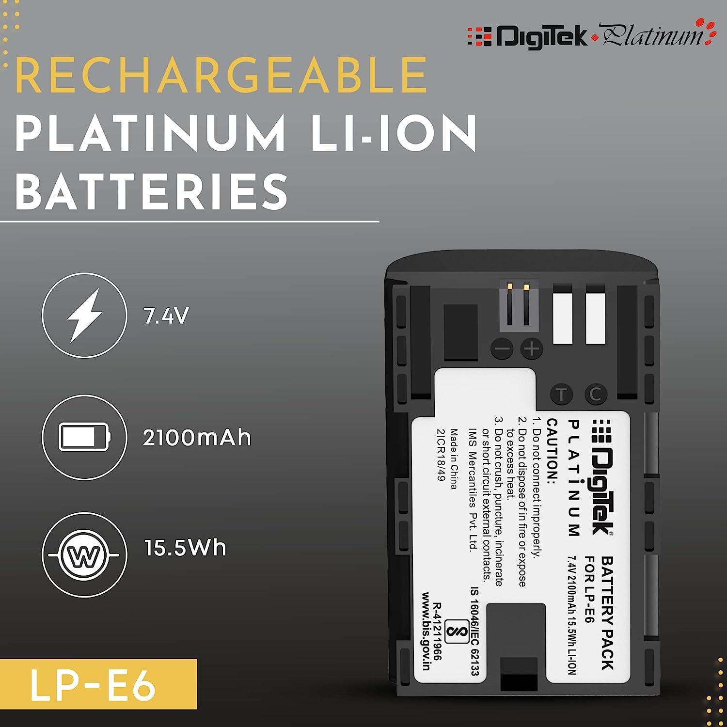 Digitek (LP-E6 Platinum) 2100mAh Rechargeable Lithium-ion Battery for Canon DSLR Camera | Compatibility - EOS SD Mark III, Mark II, EOS 7D, EOS 6D, 60D, 70D - Digitek