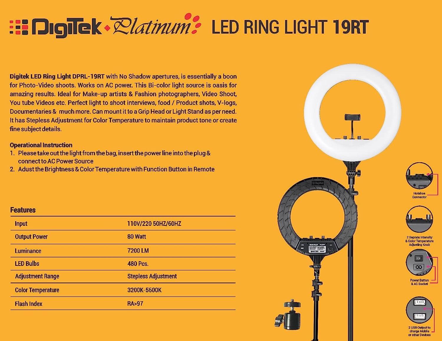 Digitek Platinum DPRL-19RT Professional LED Ring Light Runs on AC Power with No Shadow apertures, Ideal use for Makeup, Video Shoot, Fashion Photography & Many More - Digitek
