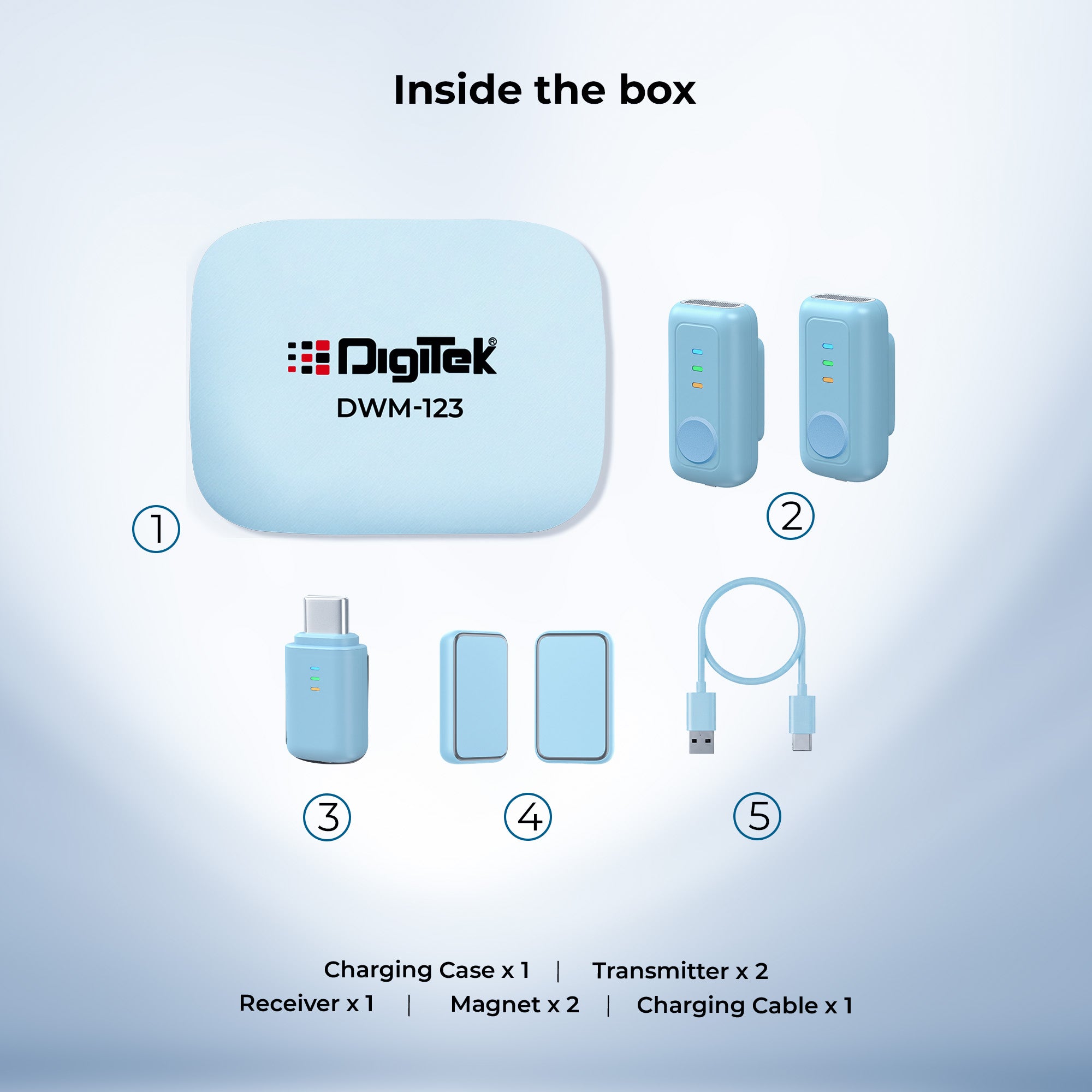 Digitek (DWM 123) 2-in-1 Wireless Microphone System with Charging Case & Magnetic Collar Clip, Type-C Receiver for iPhone 15 & Above, Android Phones, 60m Range, Build in Microphone, For Creators and Vloggers (Blue)