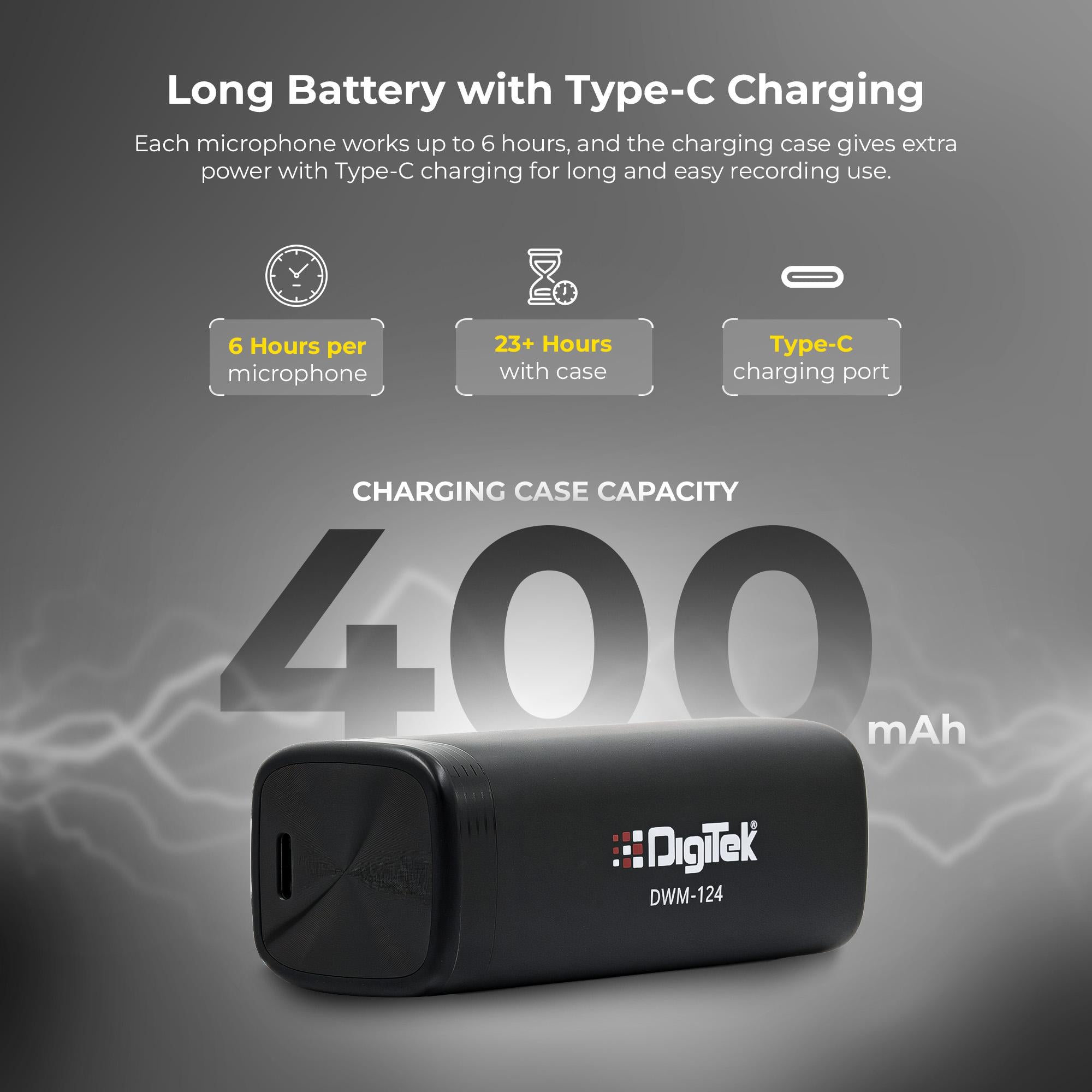Digitek (DWM-124) 2-in-1 Wireless Microphone System for iPhone 15+ Above & Type-C Android, 80m Range, Noise Reduction & Echo Modes, For Creators & Vloggers
