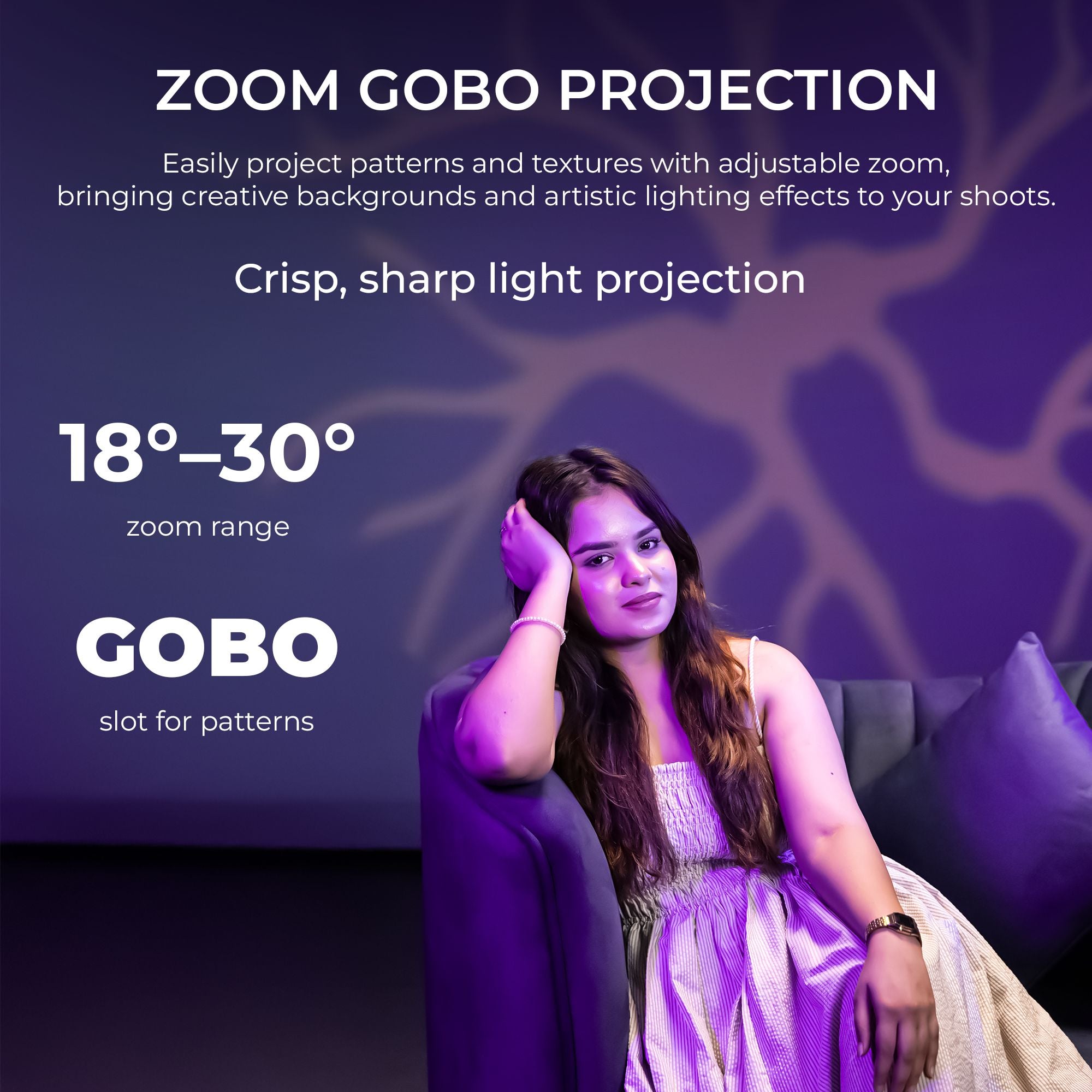 Digitek (DS 30 WTP) 30W Optical Snoot Zoom Gobo Projector, 12 Special Effects, 3900 Lumen, 3000mAh Battery, Dual Temp 2700K-6500K, 15 GOBOs and 5 Color Films, CRI ≥96, For Photo & Videography
