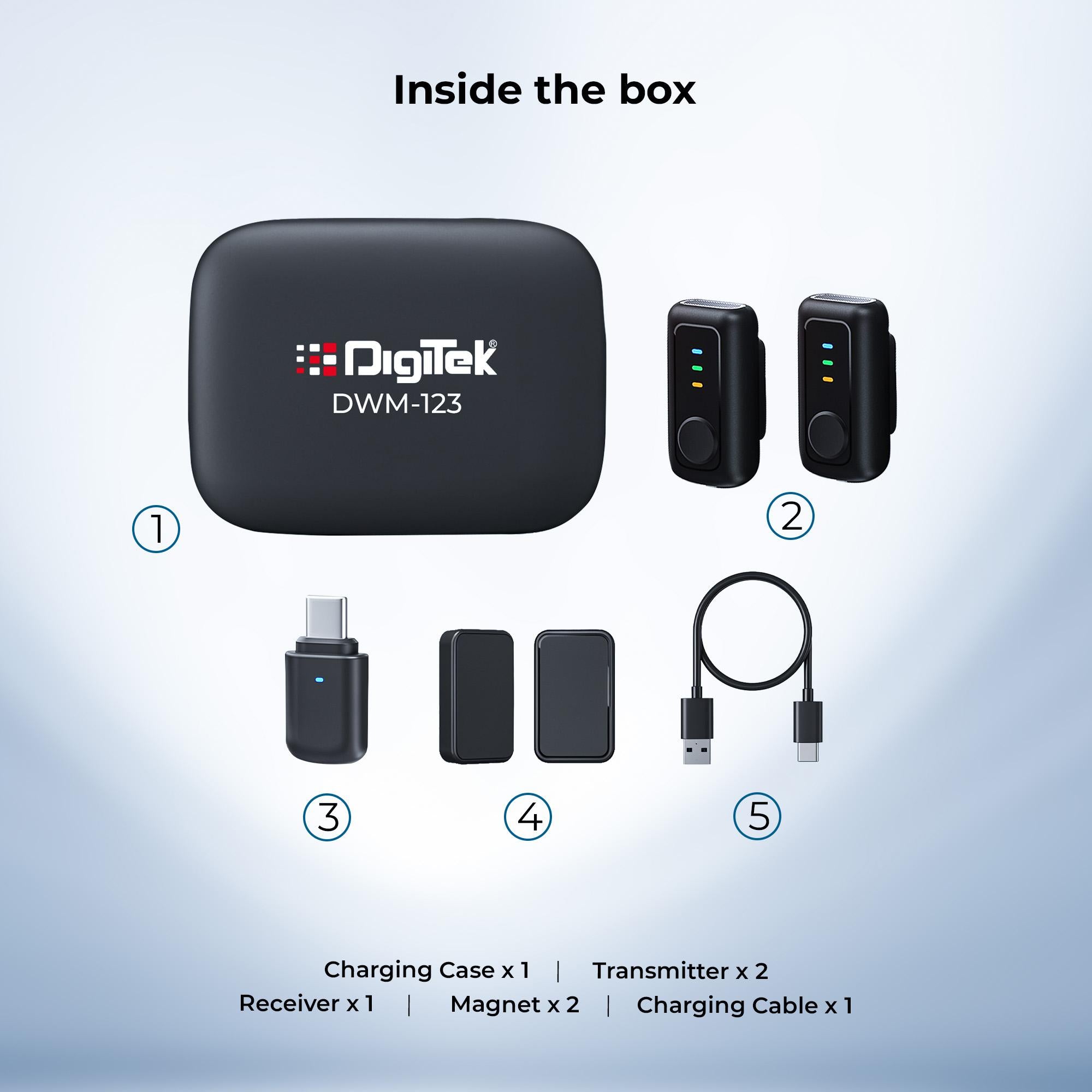 Digitek (DWM 123) 2-in-1 Wireless Microphone System with Charging Case & Magnetic Collar Clip, Type-C Receiver for iPhone 15 & Above, Android Phones, 60m Range, Build in Microphone, For Creators and Vloggers (Black)