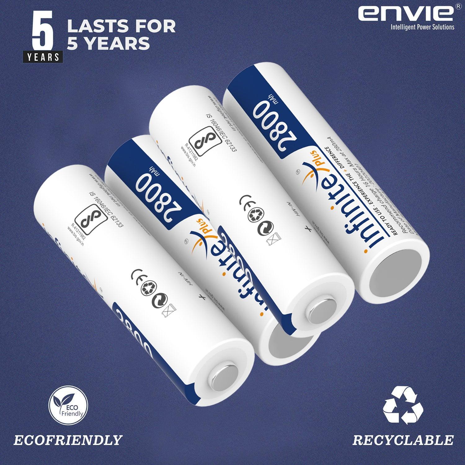 ENVIE (AA28004PL) AA Rechargeable Batteries | High Capacity Ni-MH | 2800 mAh | Low Self Discharge | Pre-Charged (Pack Of 4) (AA28004PL) - Digitek