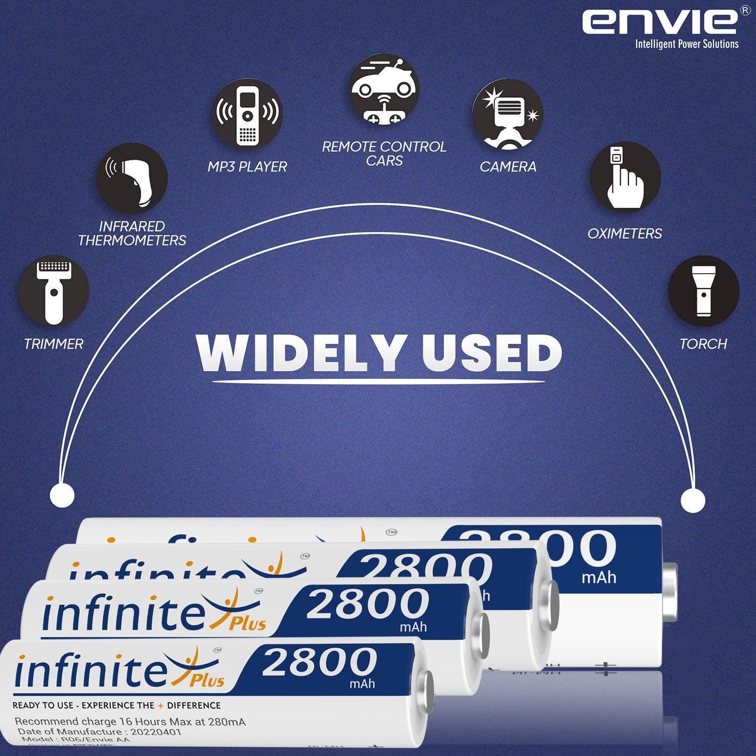 ENVIE (AA28004PL) AA Rechargeable Batteries | High Capacity Ni-MH | 2800 mAh | Low Self Discharge | Pre-Charged (Pack Of 4) (AA28004PL) - Digitek