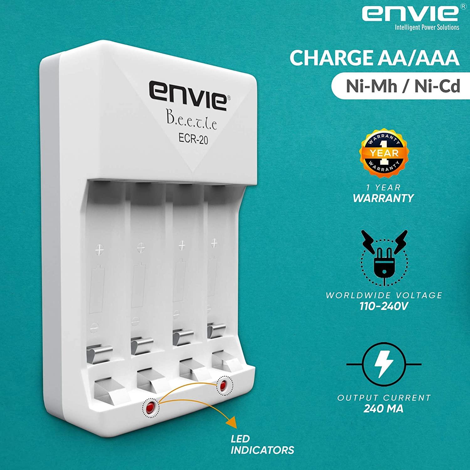 ENVIE (ECR20+AAA800 4PL) Beetle Charger for AA and AAA Rechargeable Batteries - Digitek