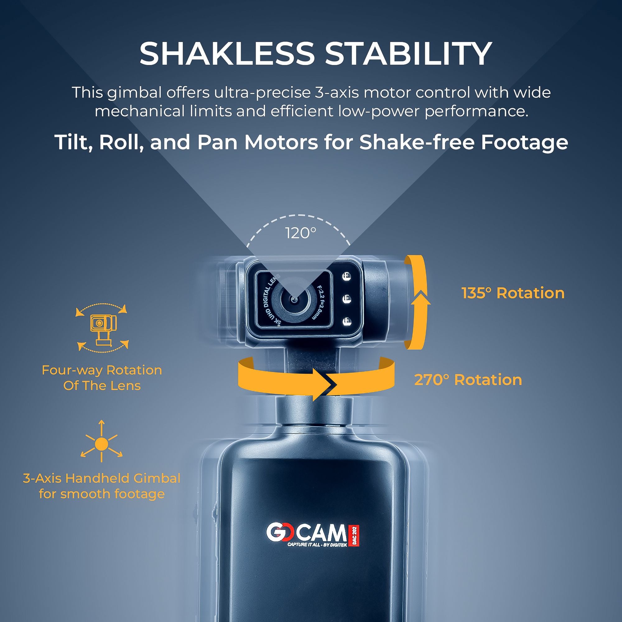 Digitek (DAC 202) 5K 3-Axis Handheld Action Camera with AI Face Tracking, 3.5” Rotating Screen, 48MP Sensor, Wi-Fi, Night Vision & External Mic Support