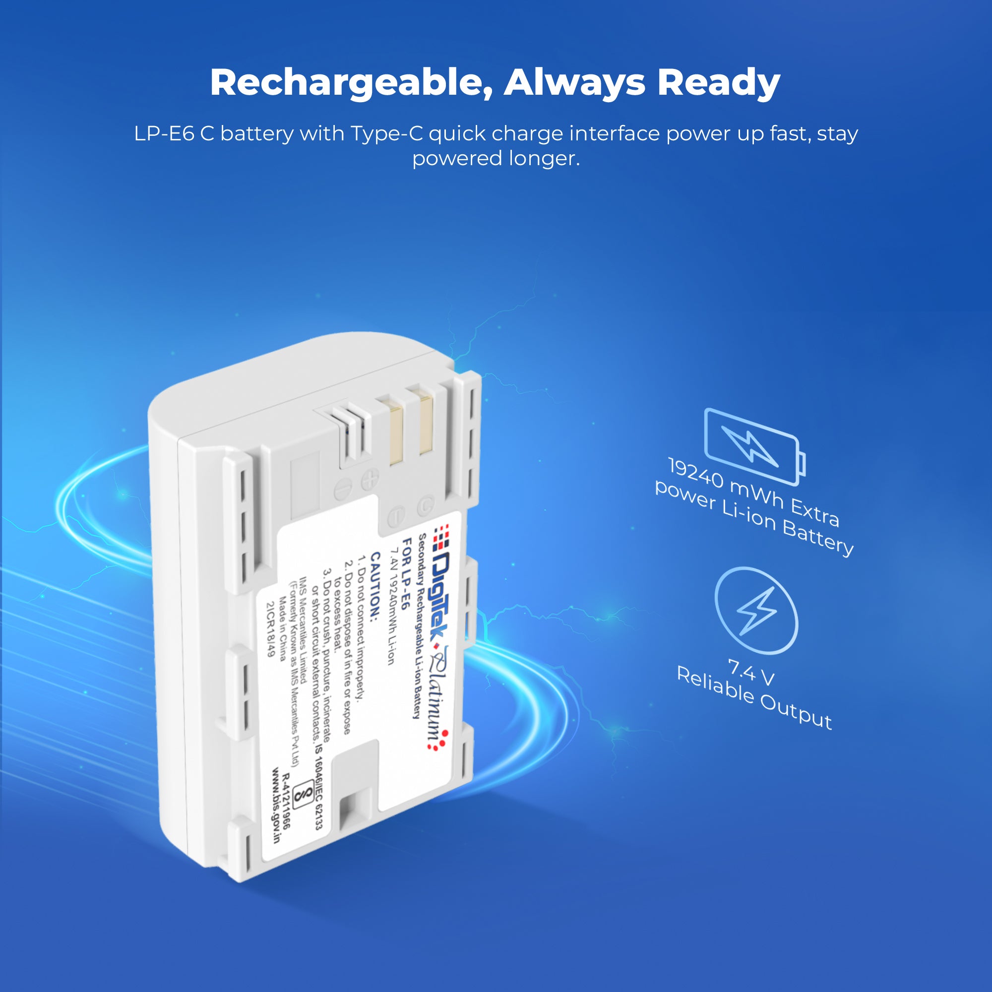 Digitek Platinum (LP-E6 Type C) 3000mAh Extra Power Li-ion Battery for Canon DSLR Cameras with Type-C Charging Cable, For Canon XC10, XC15, EOS 60D–90D, 5D series, 6D series, 7D series, and EOS R/RA/R5/R6/R7