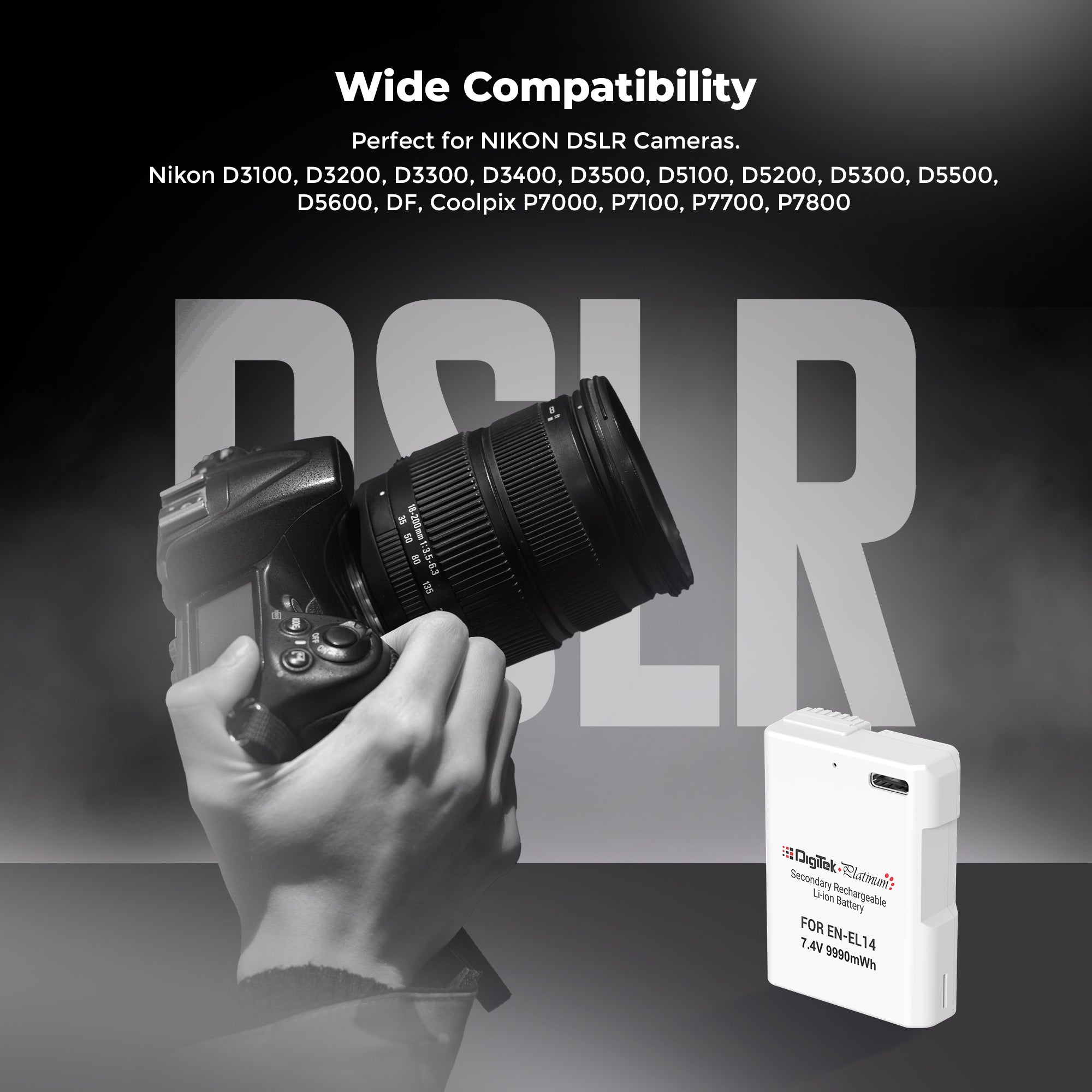 Digitek Platinum (EN-EL14 Type C) 1350mAh Li-ion Battery for Nikon DSLR Cameras with Type-C Charging Cable, for Nikon D3100, D3200, D3300, D3400, D3500, D5100–D5600, DF DSLR, and Coolpix P7000–P7800