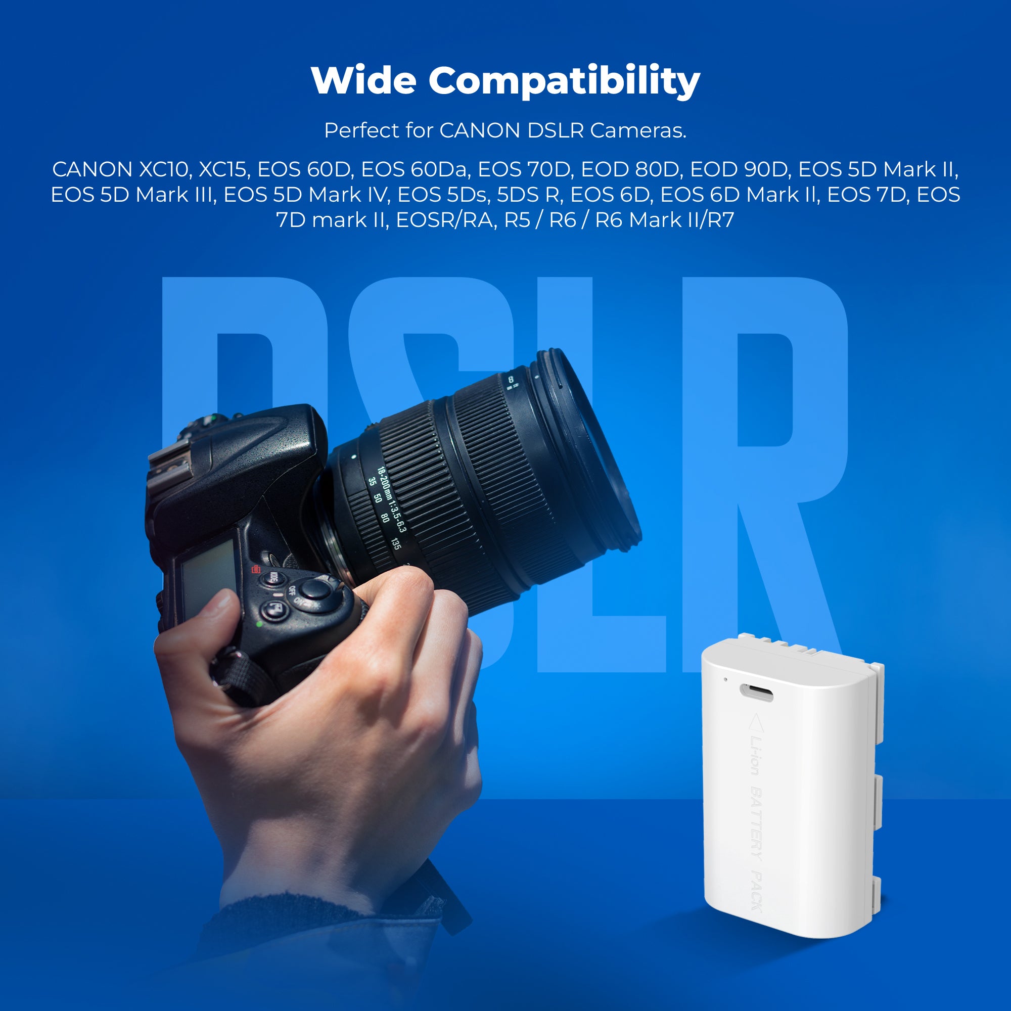 Digitek Platinum (LP-E6 Type C) 3000mAh Extra Power Li-ion Battery for Canon DSLR Cameras with Type-C Charging Cable, For Canon XC10, XC15, EOS 60D–90D, 5D series, 6D series, 7D series, and EOS R/RA/R5/R6/R7